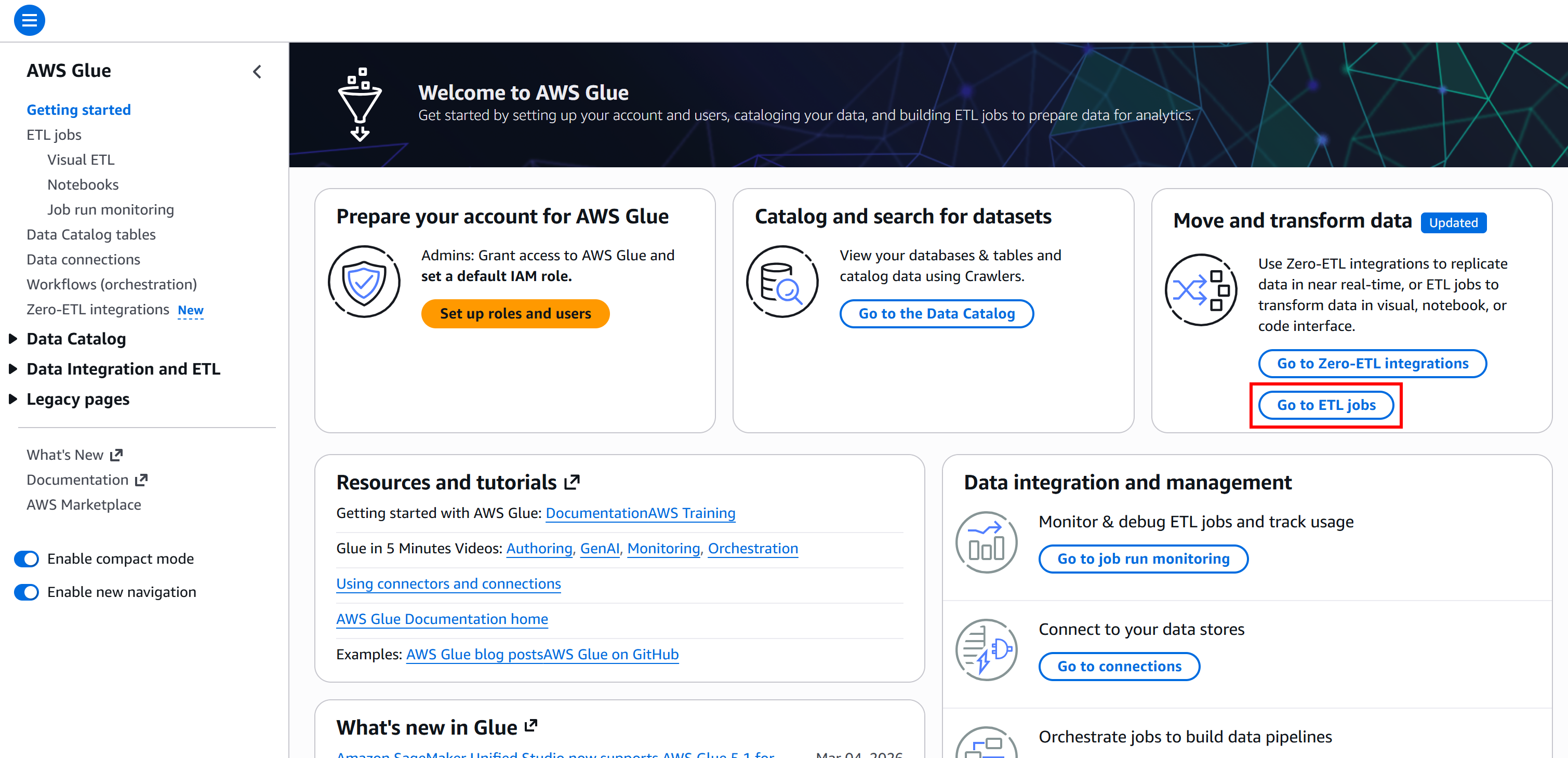 在 AWS Glue 主页选择 “Go to ETL jobs” 选项