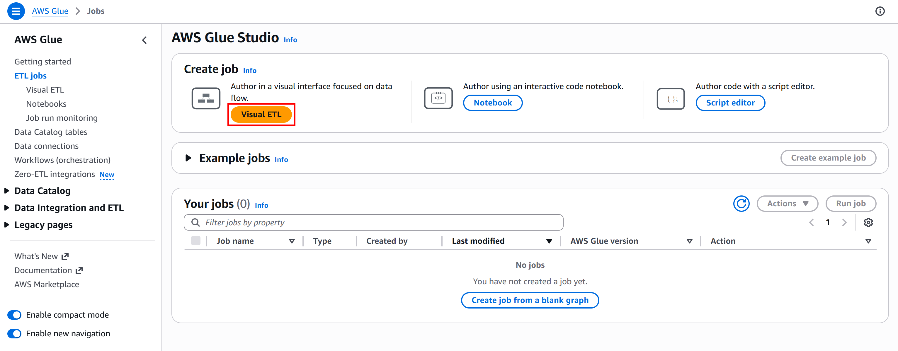 创建新的可视化 ETL 作业