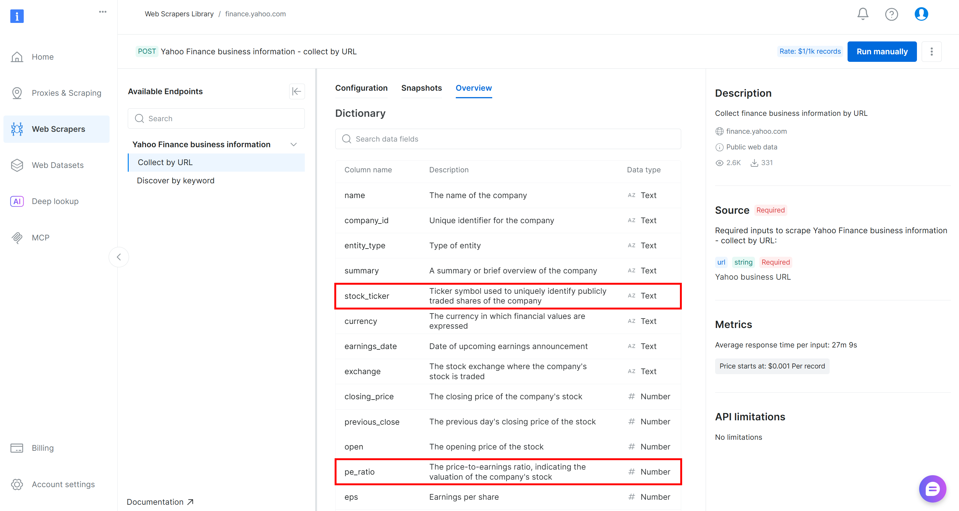 注意 Bright Data Yahoo Finance 抓取工具输出 schema 中的 “stock_picker” 和 “pe_ratio” 字段