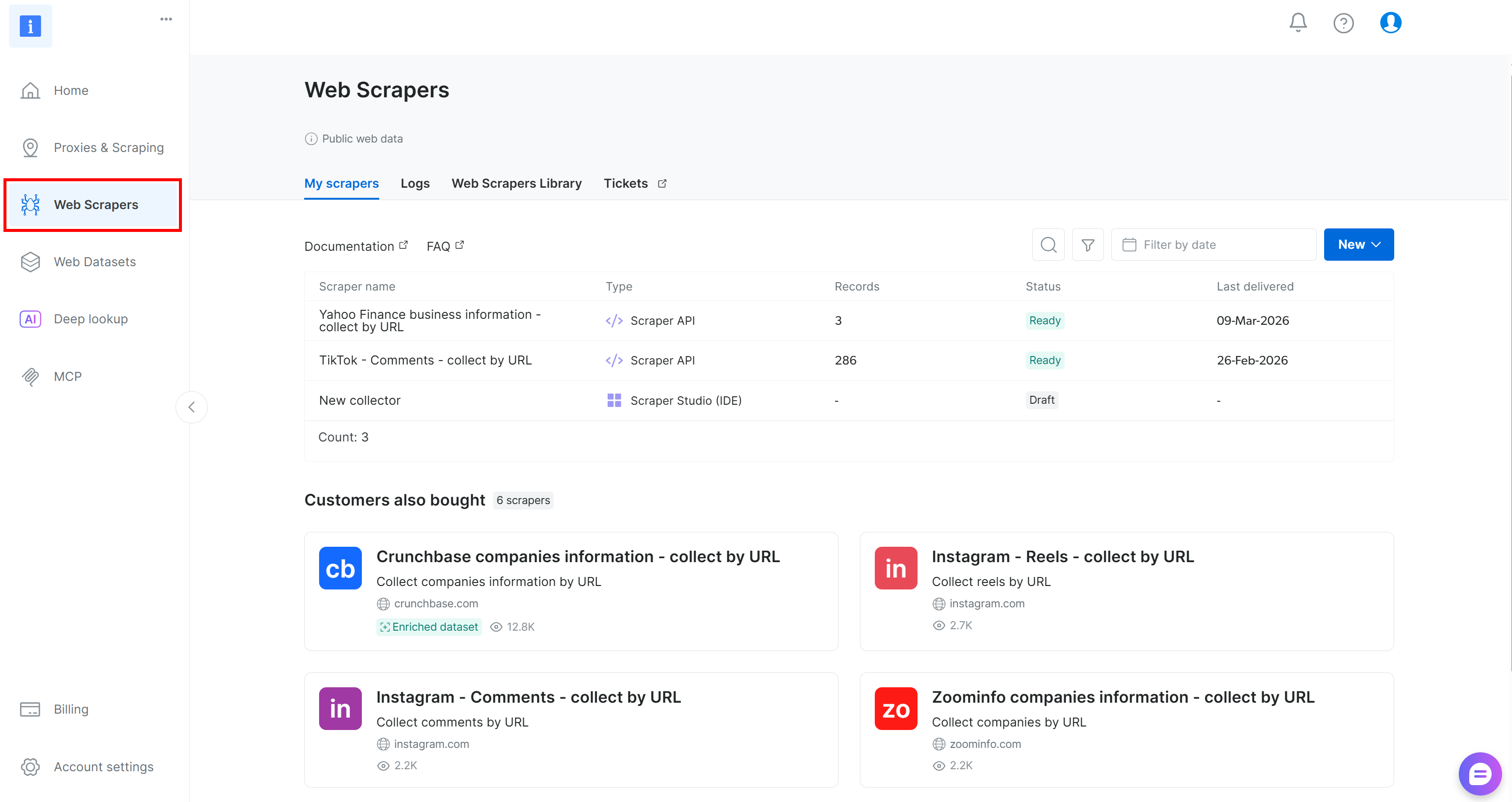 “Web Scrapers” 页面
