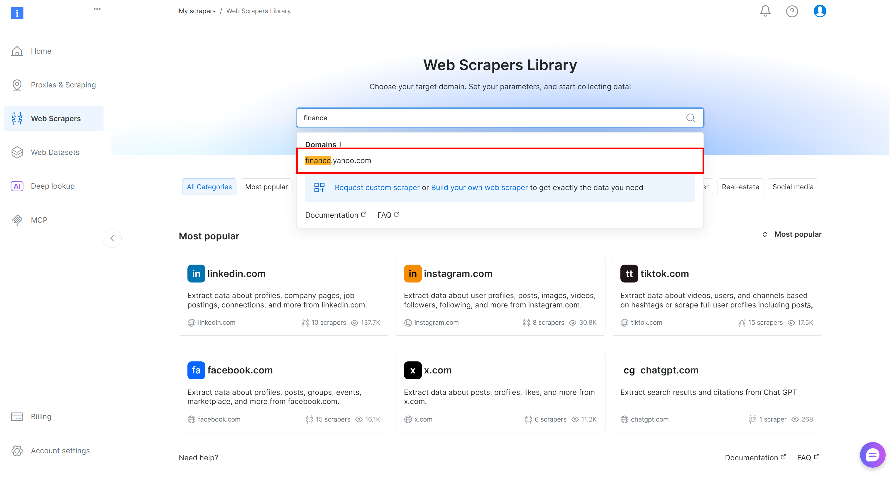选择 “finance.yahoo.com” 抓取工具