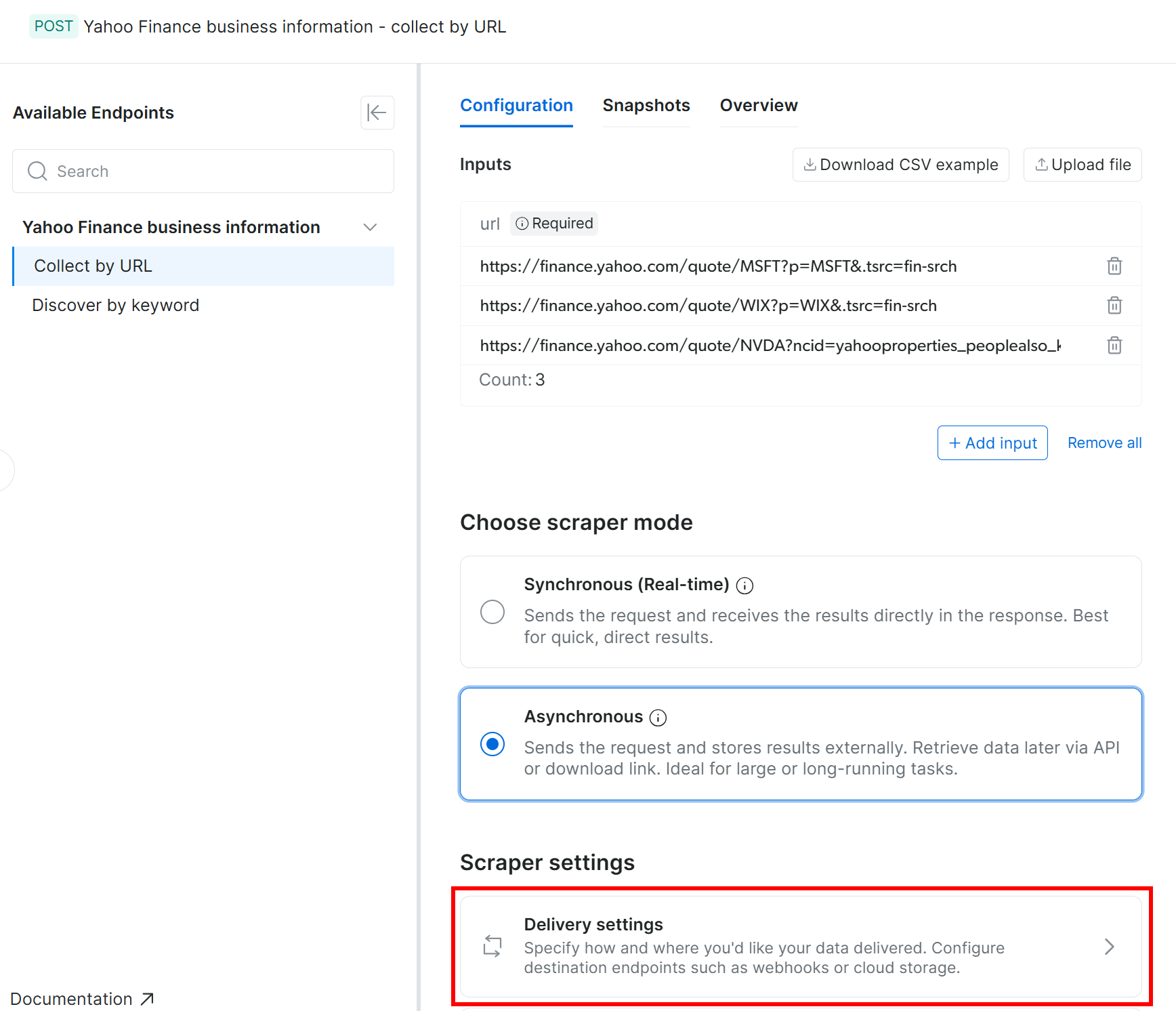 点击 “Delivery settings” 按钮