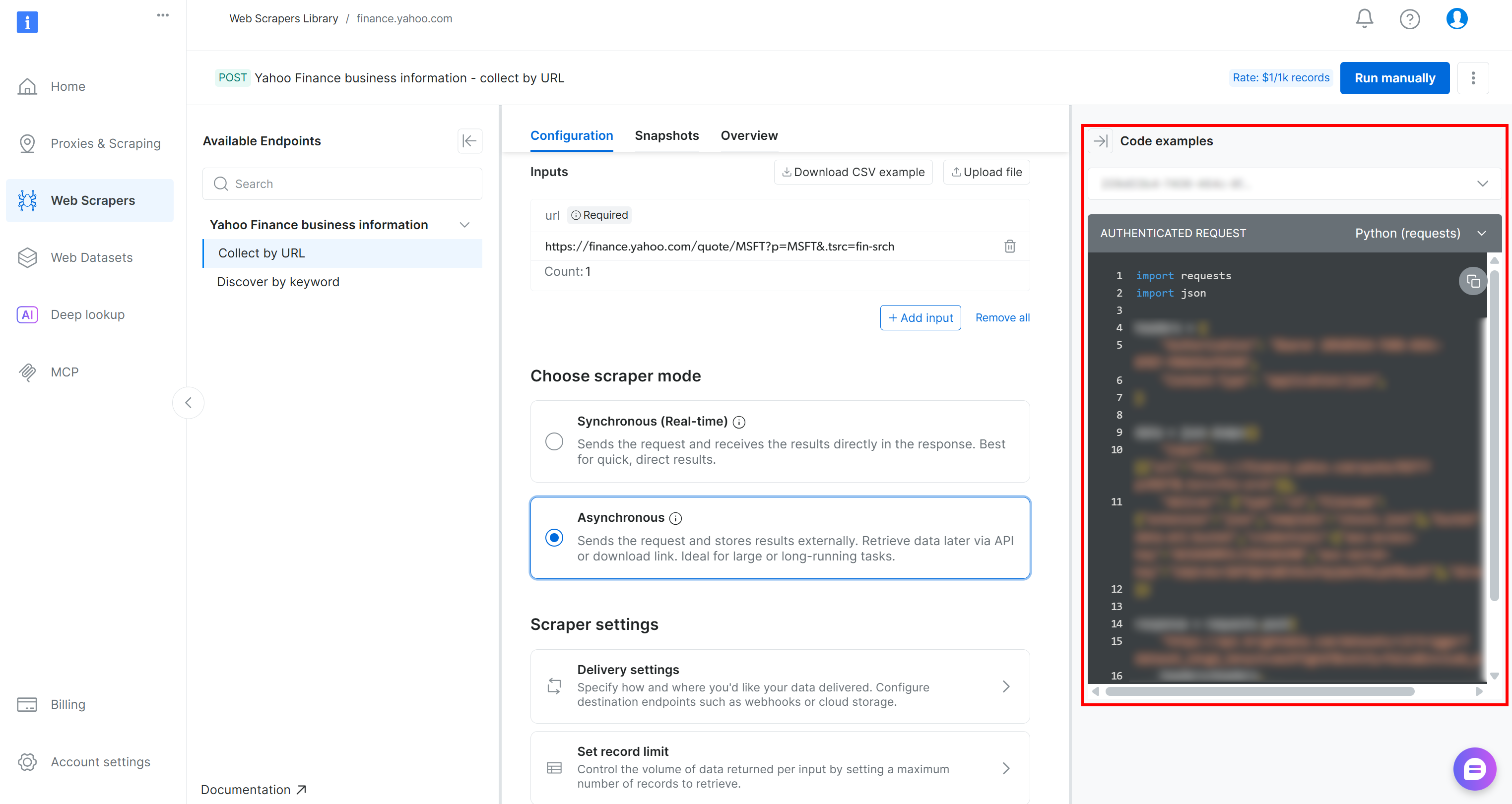用于以编程方式执行网页爬虫工具 API 的代码片段