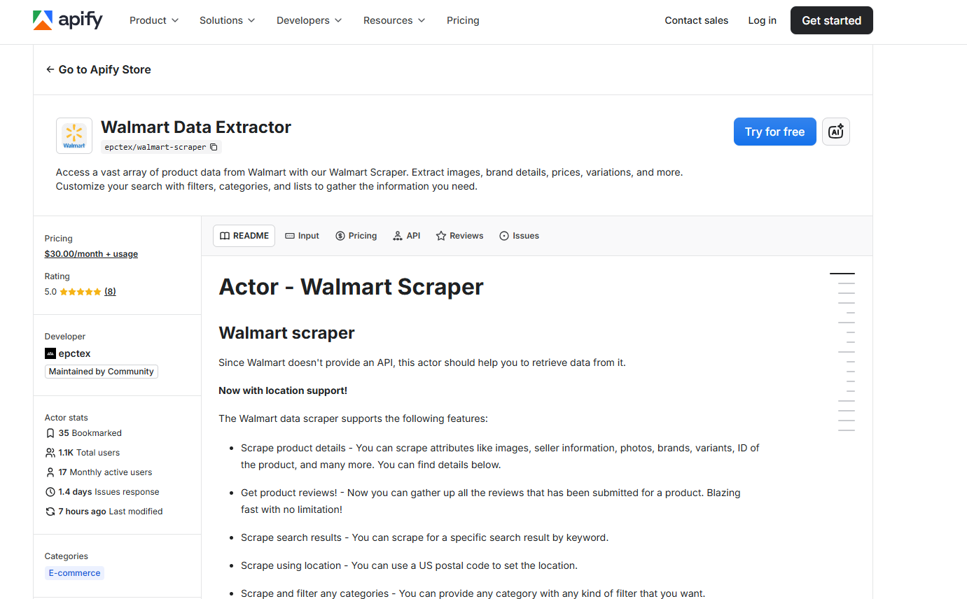 Apify Walmart 爬虫工具