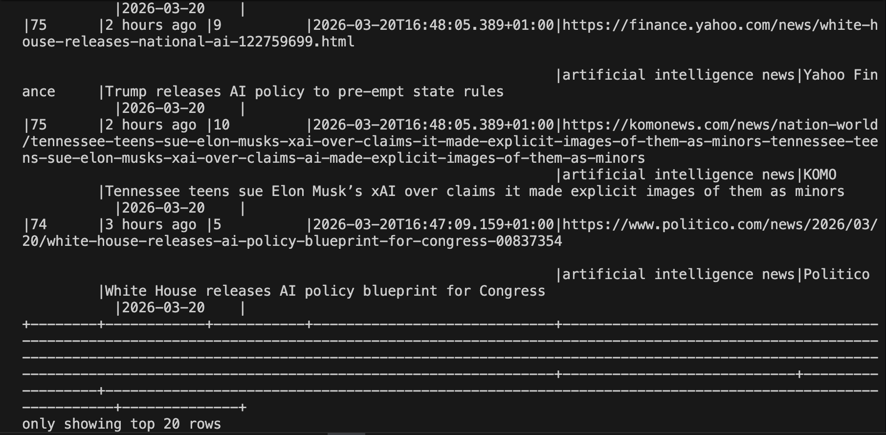 终端显示已填充 SERP 结果到各列中的增强 DataFrame 控制台输出