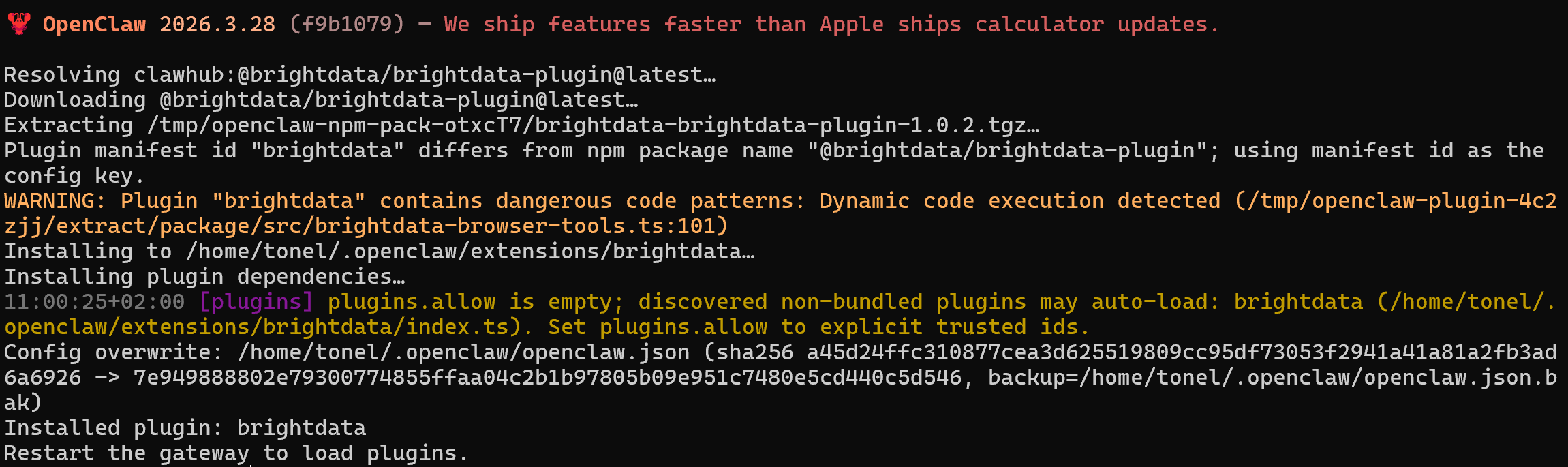 “openclaw plugins install” 命令生成的输出