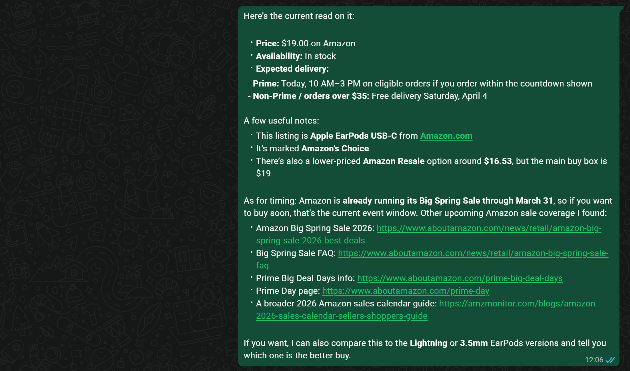由 OpenClaw AI 代理生成并发送到你的 WhatsApp 聊天的响应