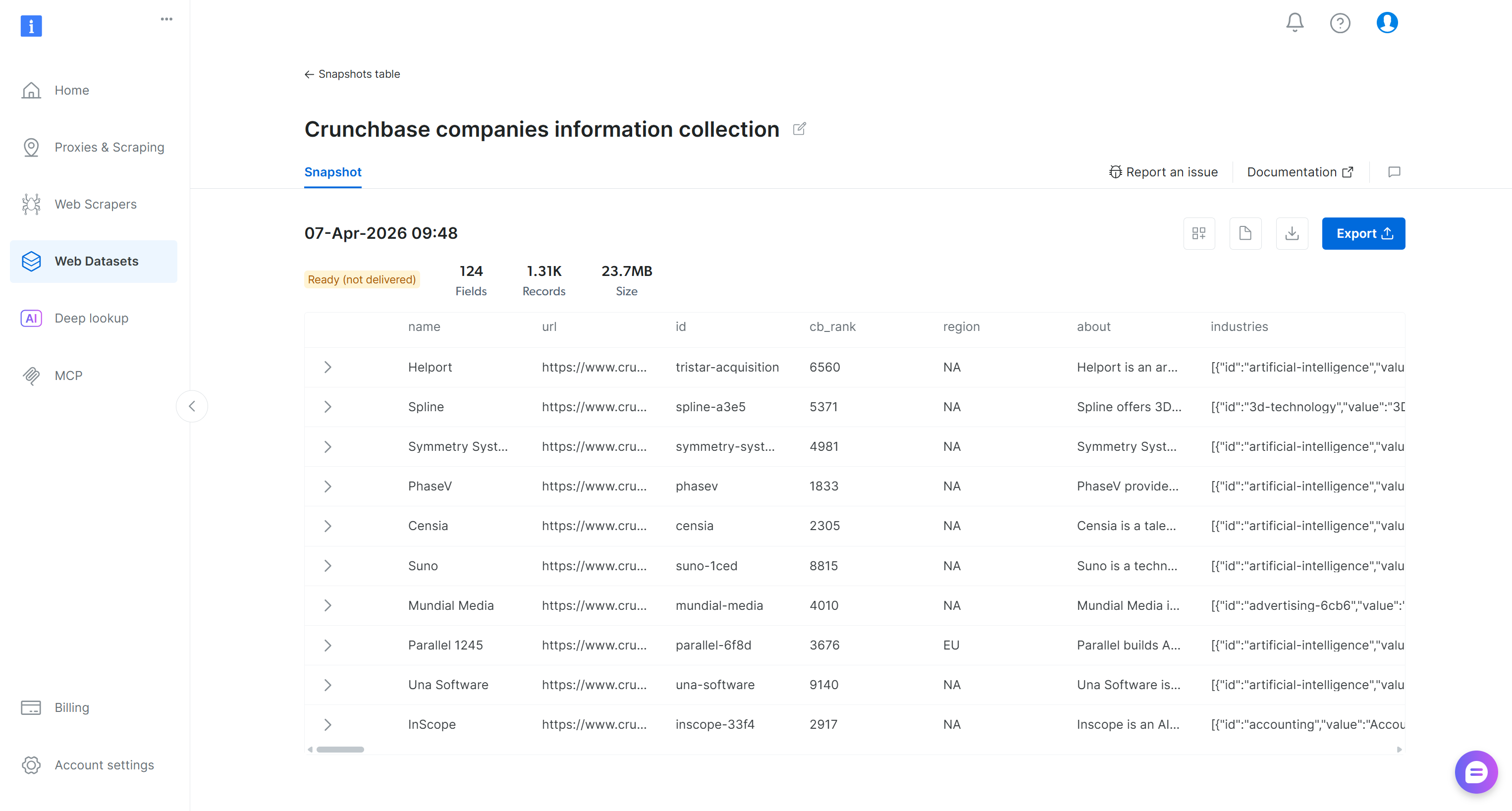 “Crunchbase companies information”快照页面