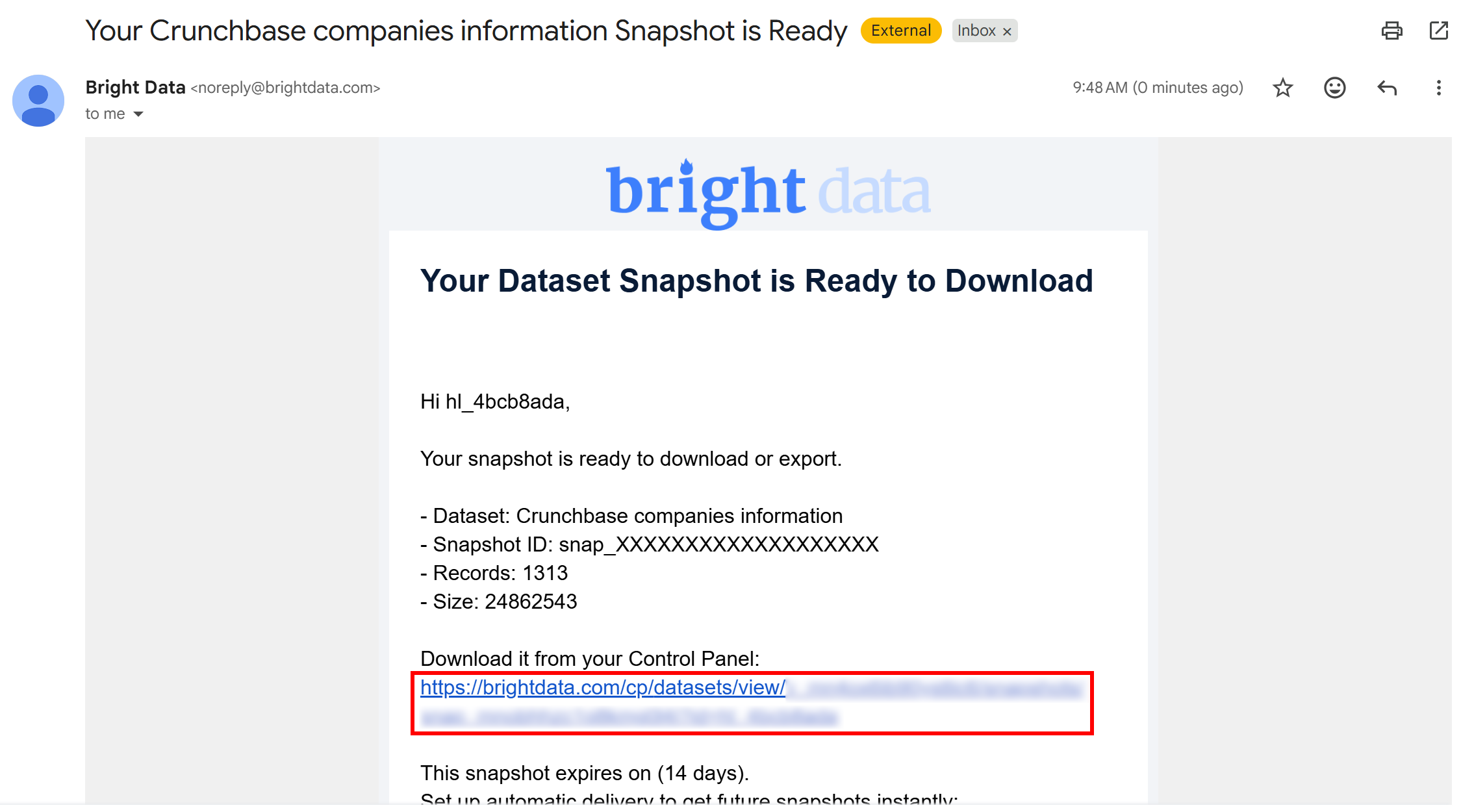 注意用于在 Bright Data 控制面板中访问快照的 URL