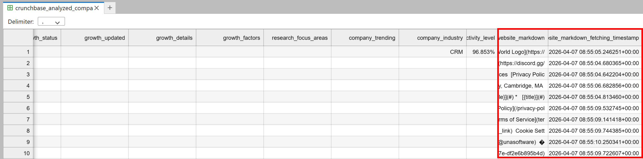 注意额外的“website_markdown”和“website_markdown_fetching_timestamp”列