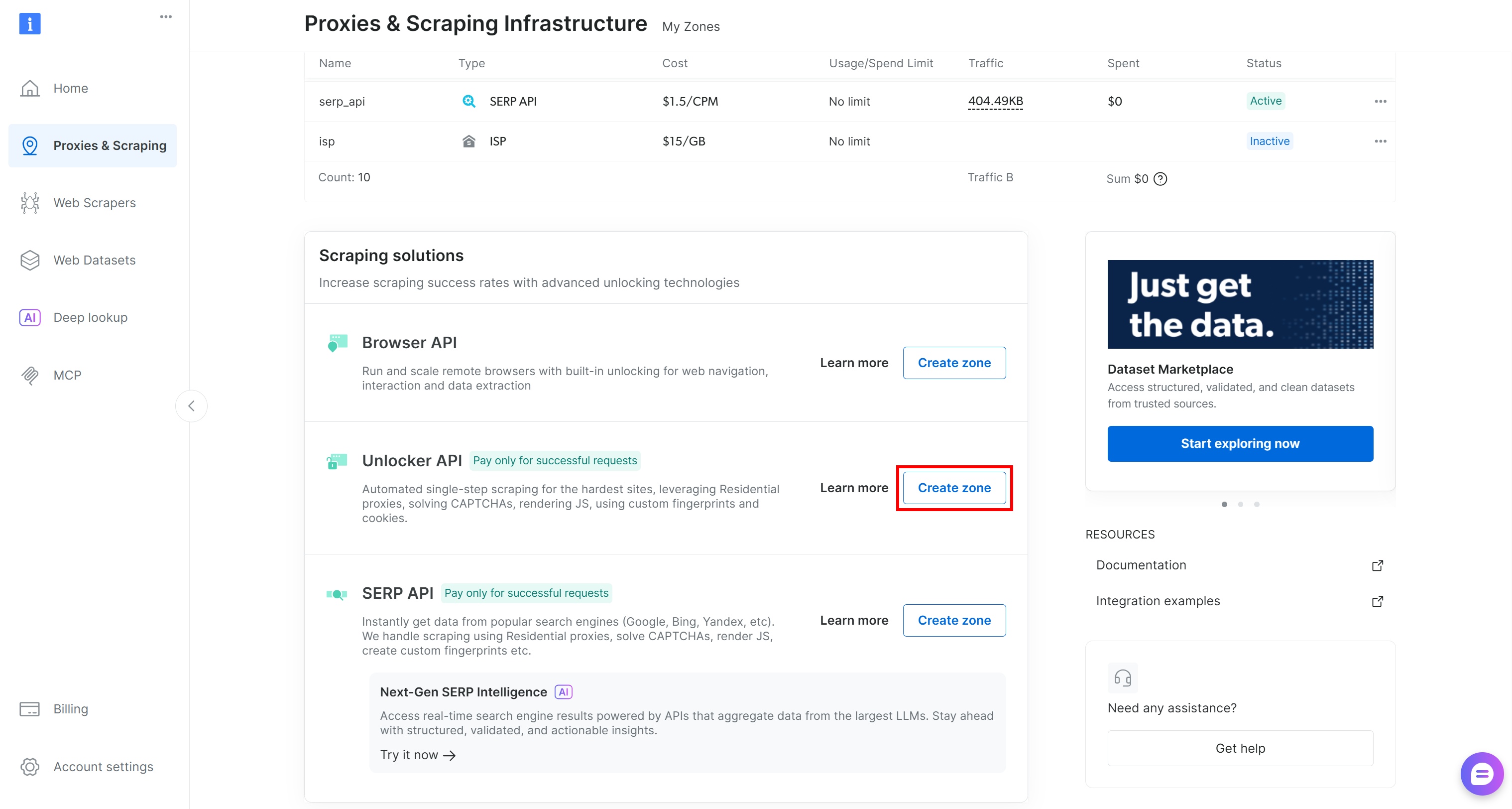 在 “Unlocker API” 卡片中按下 “Create 区域” 按钮