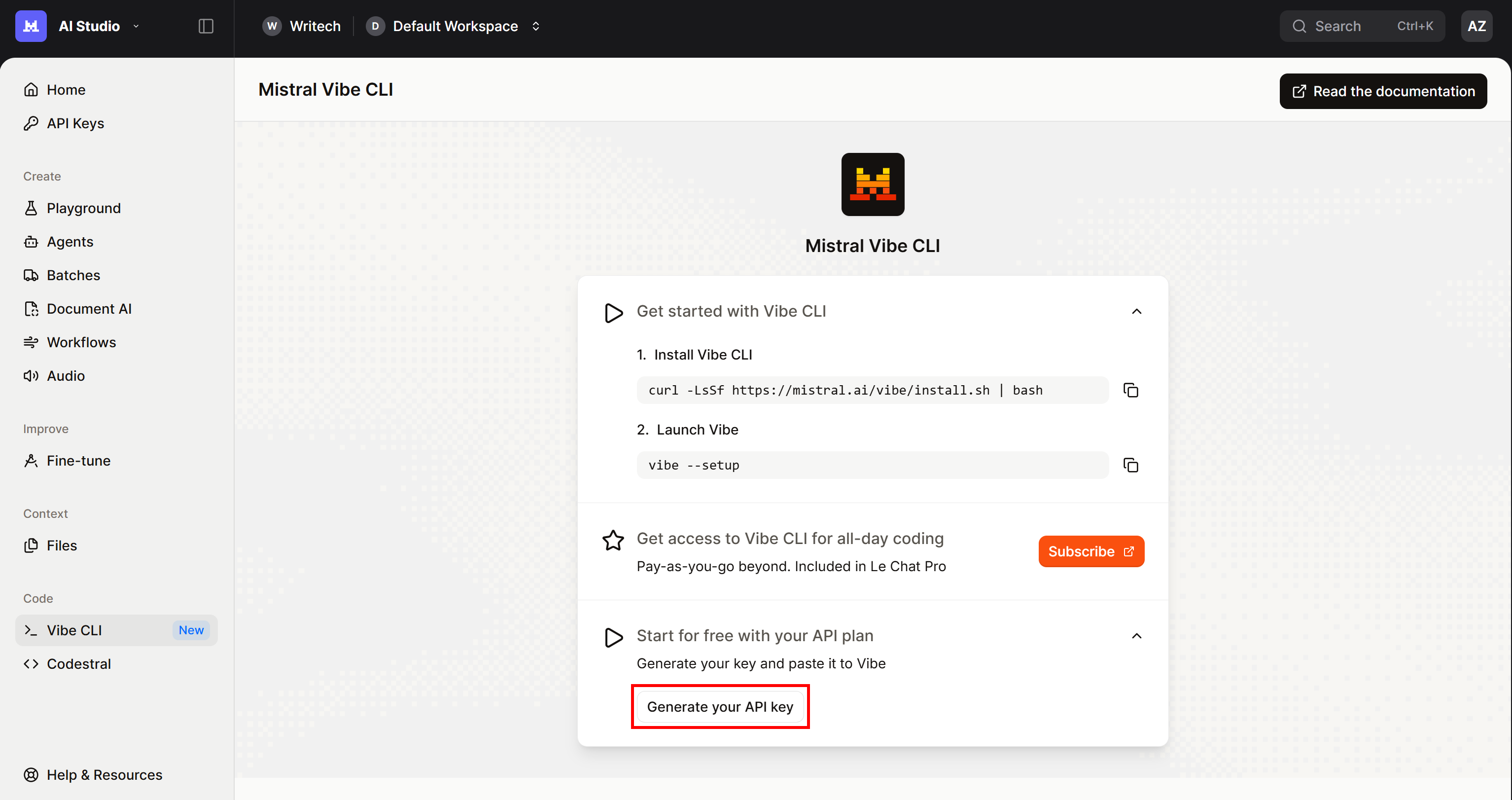 点击“Generate your API key”按钮