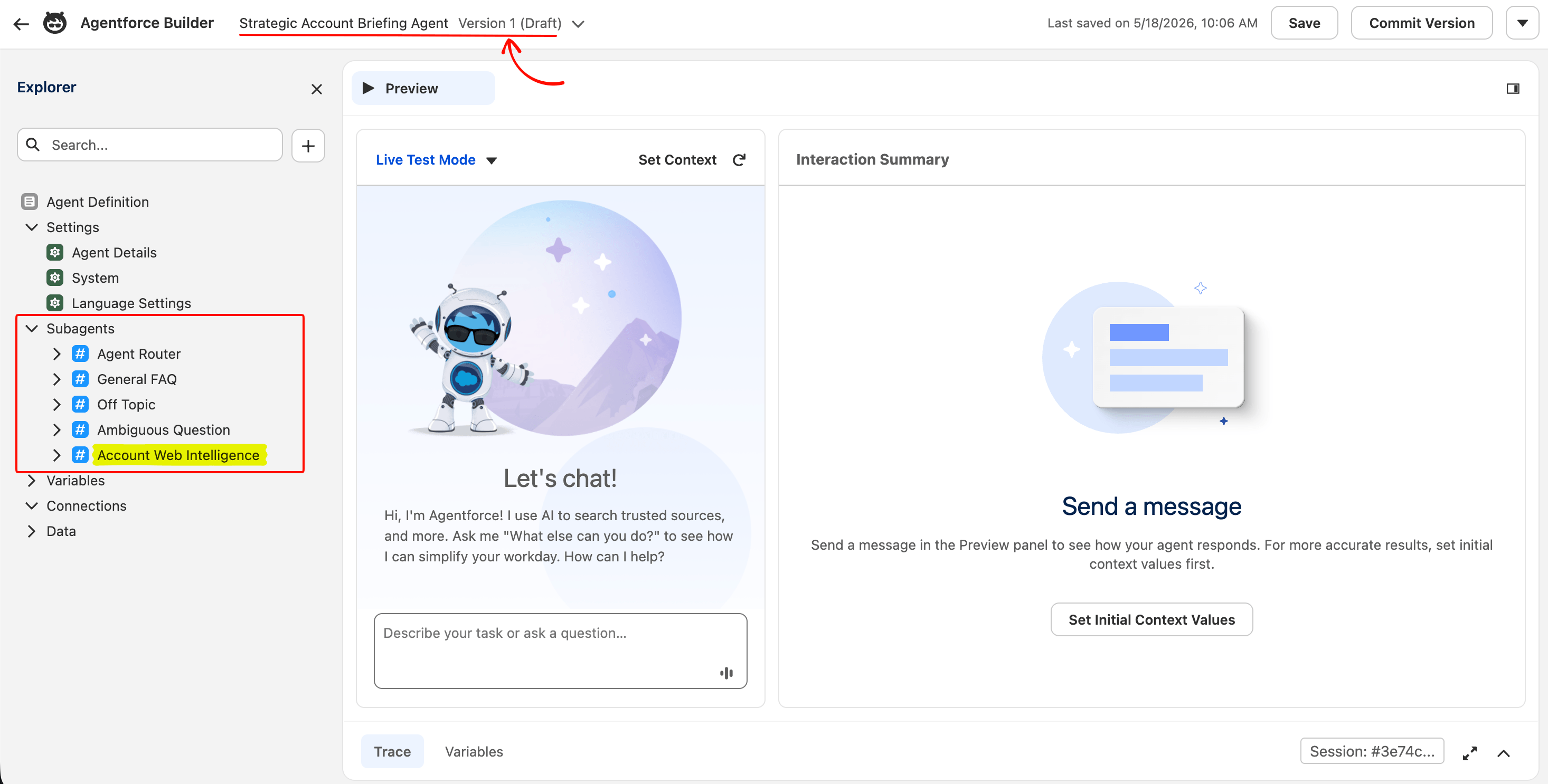 Agentforce Builder 画布显示 Account Briefing Agent,左侧 Explorer 面板列出 Settings(Agent Details、System、Language Settings)和五个子代理:Agent Router、General FAQ、Off Topic、Ambiguous Question 和 Account Web Intelligence