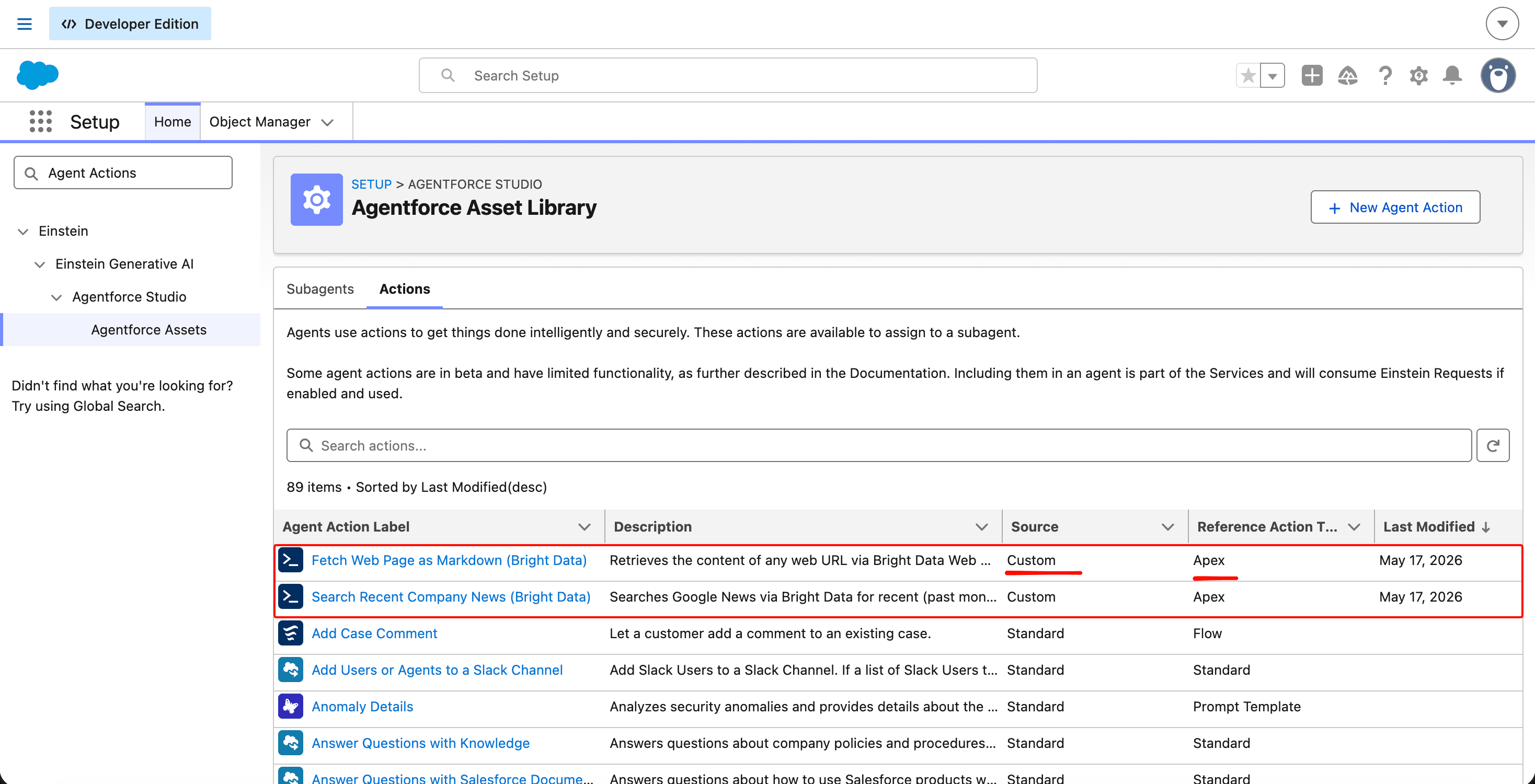 Salesforce Agentforce Asset Library 显示 Actions 选项卡,列表顶部有两个自定义 Bright Data 动作(Fetch Web Page as Markdown 和 Search Recent Company News,均为 Source: Custom,Reference Type: Apex),与 Employee 模板的标准动作穿插排列