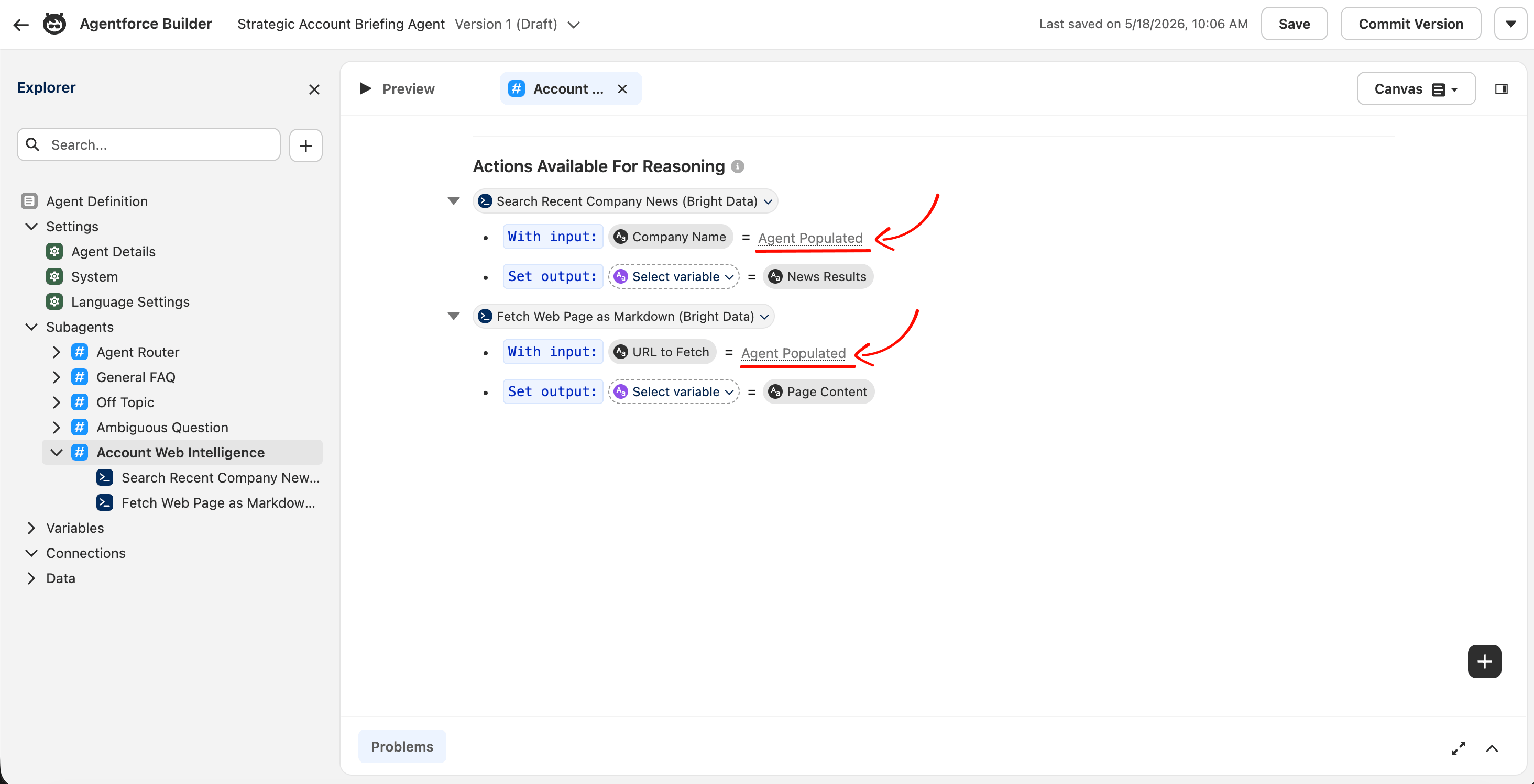 Agentforce Builder 显示 Account Web Intelligence 子代理的 Actions Available For Reasoning 部分,已绑定两个 Bright Data 动作:Search Recent Company News (Bright Data) 显示 <code>With input: Company Name = Agent Populated</code>,Fetch Web Page as Markdown (Bright Data) 显示 <code>With input: URL to Fetch = Agent Populated</code>