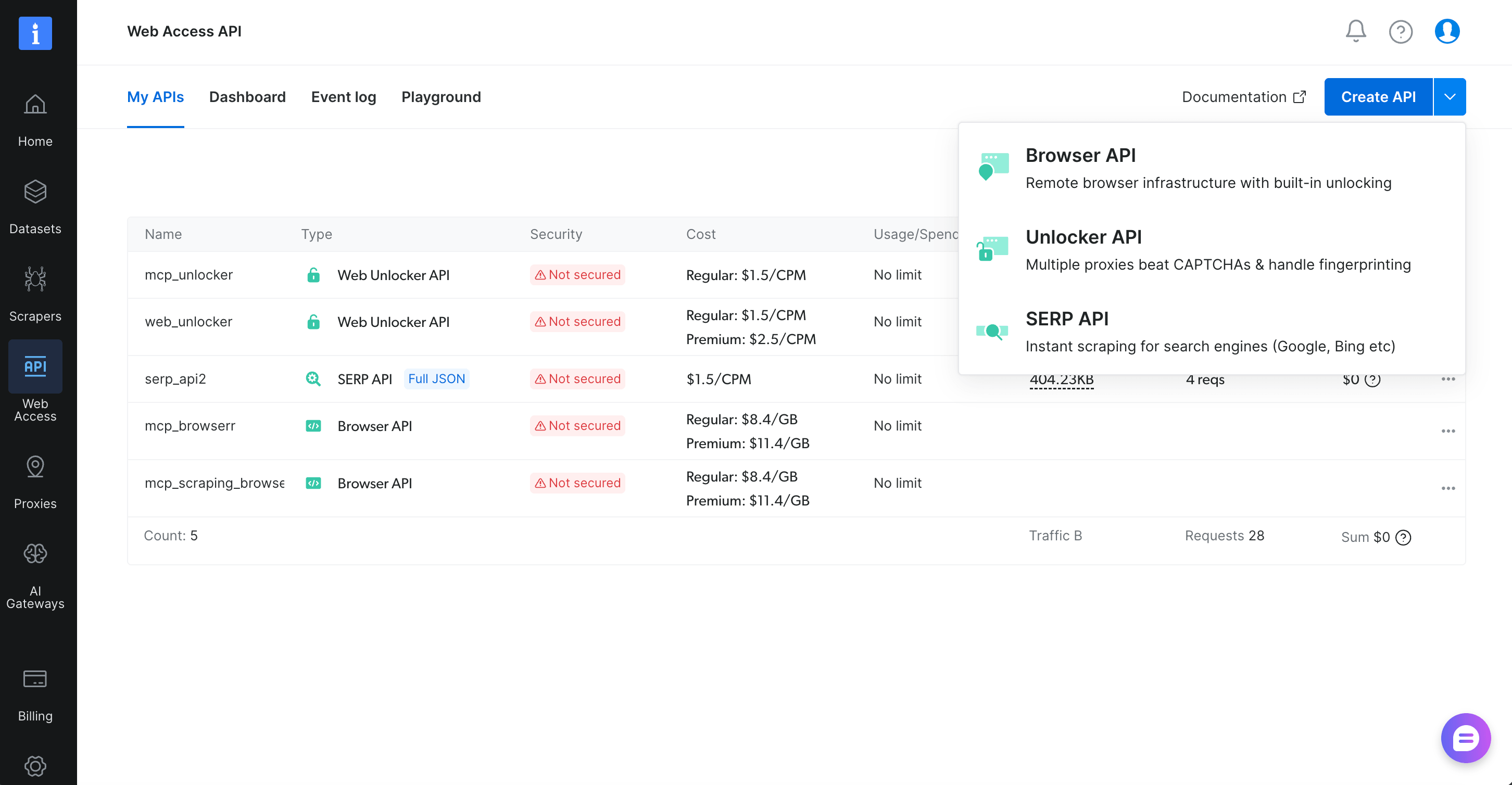 Bright Data 控制面板显示 Web Access API 区域列表