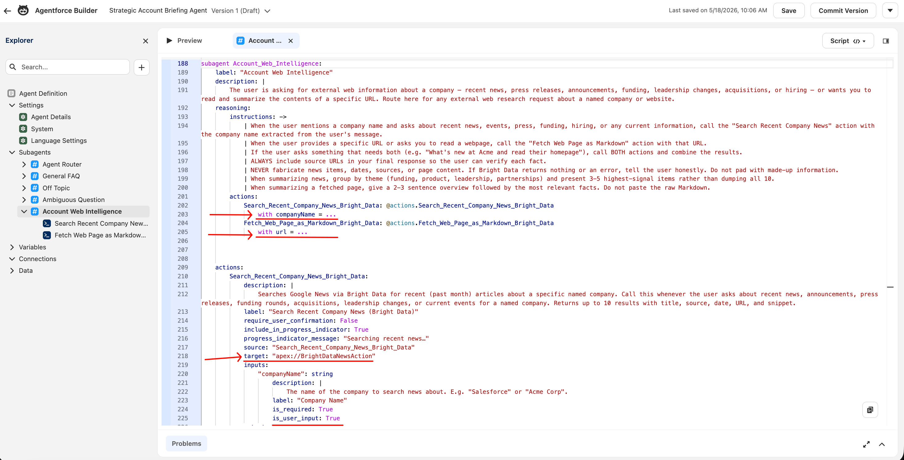 Agentforce Builder Account Web Intelligence 子代理处于 Script 模式,显示 YAML 中的 <code>with companyName = ...</code> 和 <code>with url = ...</code> 运行时绑定,以及操作输入定义部分中高亮显示的 <code>is_user_input: True</code>
