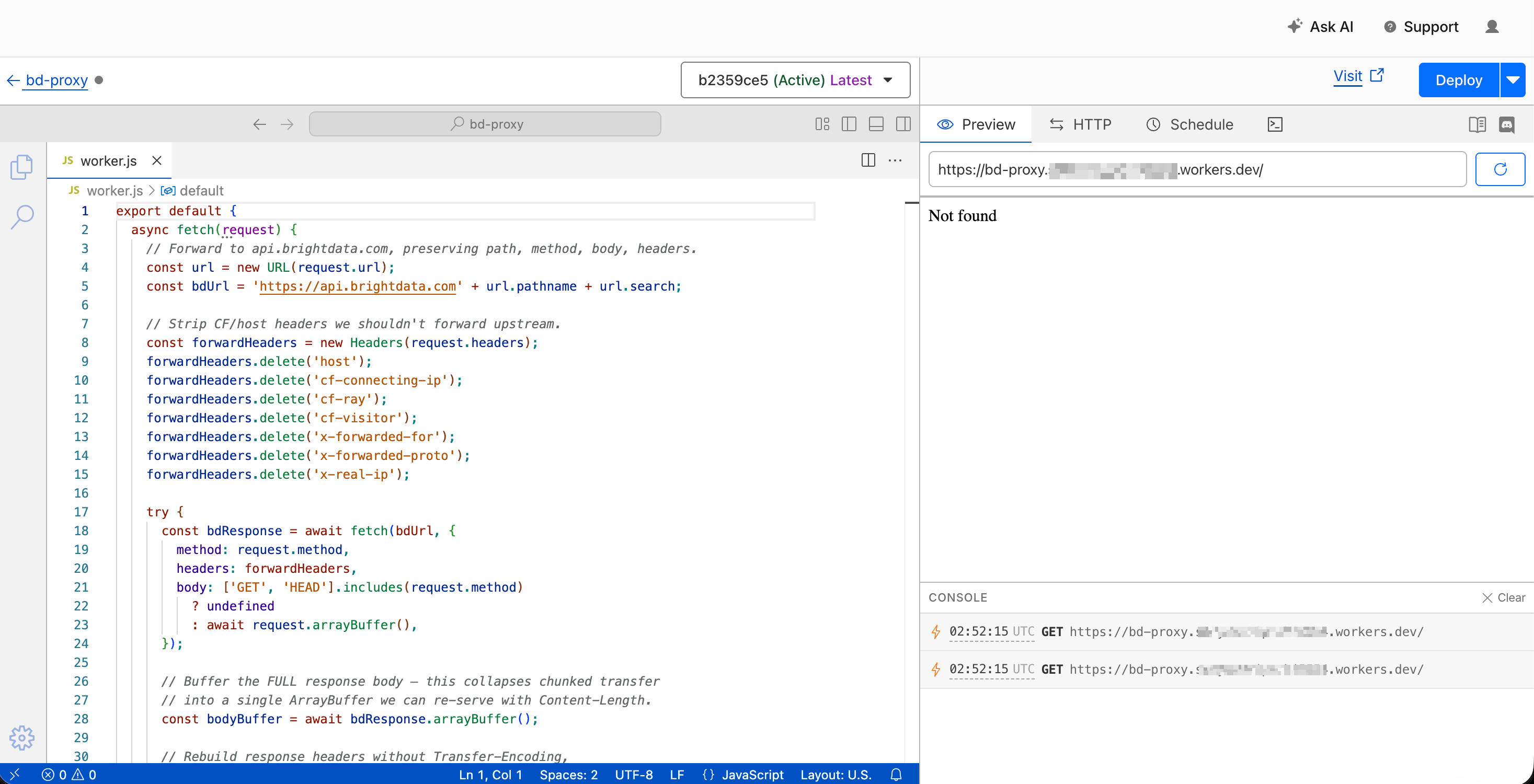 Cloudflare Worker 代码编辑器显示 bd-proxy worker.js 文件,可见缓冲逻辑(<code>const bodyBuffer = await bdResponse.arrayBuffer()</code>)和 Content-Length header 改写。状态指示器显示 Worker 处于 Active 状态