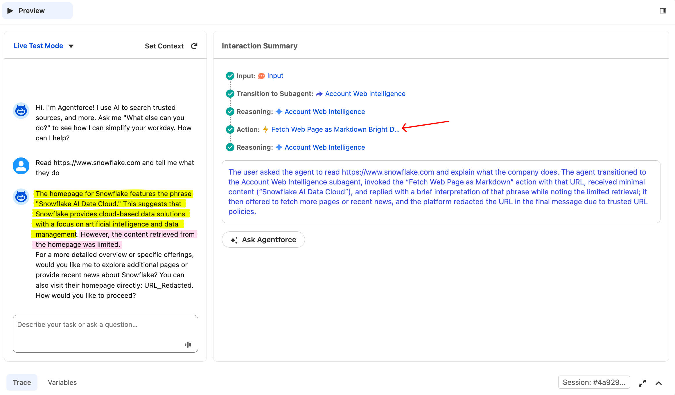 Agentforce Preview 显示提示"阅读 https://www.snowflake.com 并告诉我他们做什么",以两句话概述 Snowflake 作为 AI Data Cloud 的定位作答,随后诚实说明检索到的内容有限。右侧 Interaction Summary 仅显示一个动作:Fetch Web Page as Markdown Bright Data。响应中的 URL 显示为 URL_Redacted