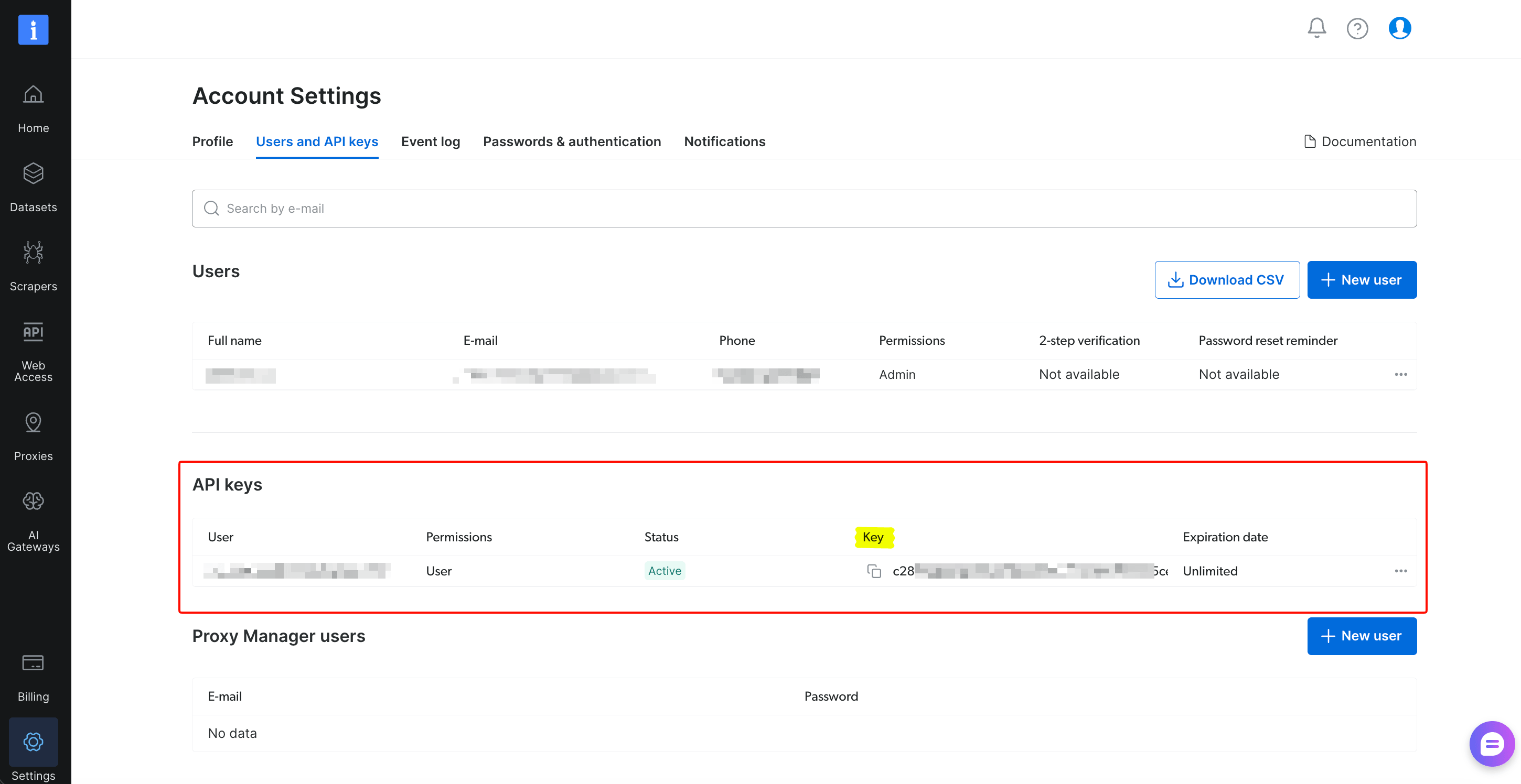 Bright Data 账户设置显示 API keys 部分,其中一个 key 处于 Active 状态、User 权限和 Unlimited 到期时间。