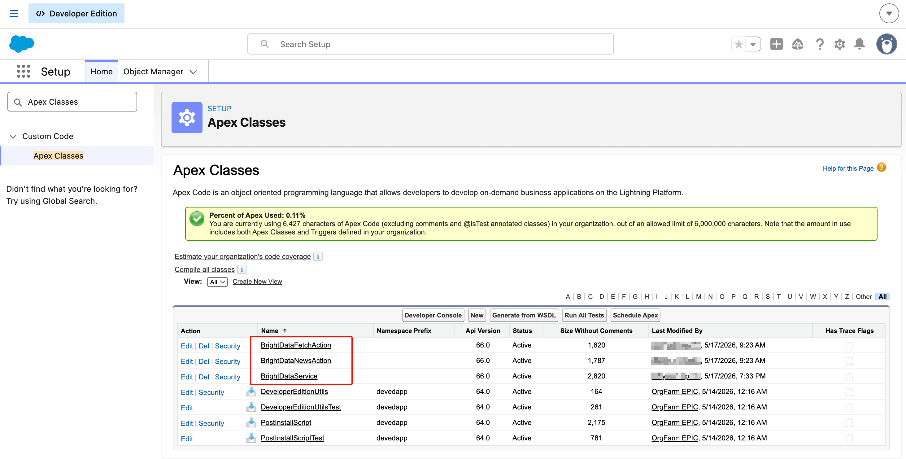 Salesforce Apex Classes 列表过滤 'Bright',显示 BrightDataFetchAction(1,820 字符,Active)、BrightDataNewsAction(1,787 字符,Active)和 BrightDataService(2,820 字符,Active),均为 API Version 66.0