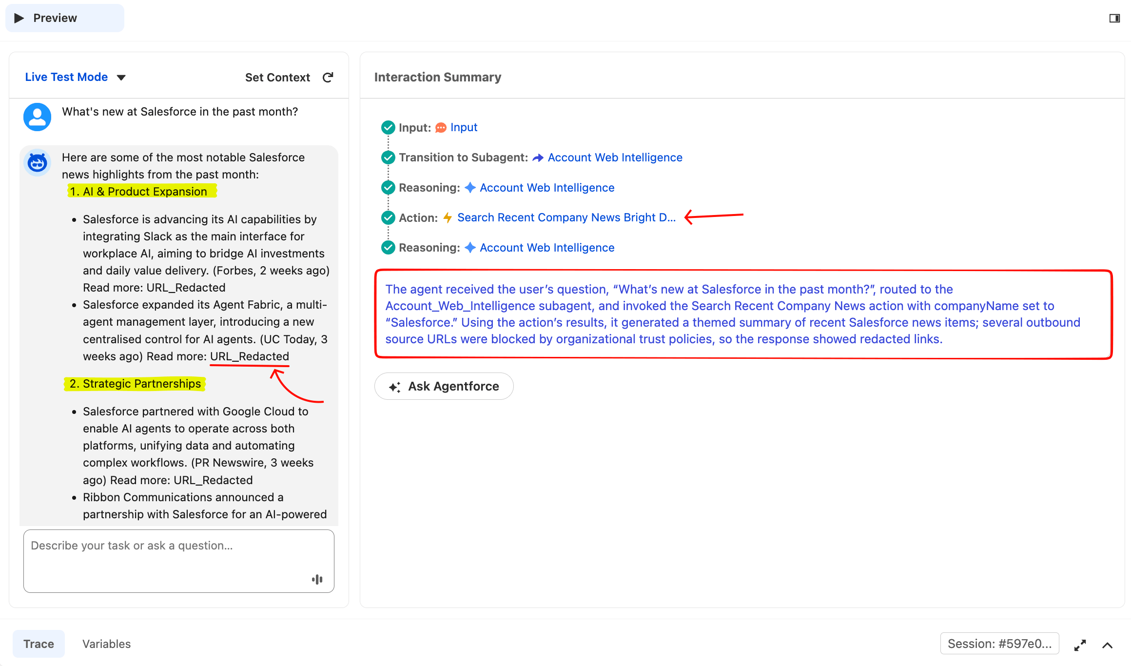 Agentforce Preview 显示提示"Salesforce 过去一个月有什么新动态?",以按主题分组的新闻摘要作答,分组为"AI & Product Expansion"和"Strategic Partnerships",并引用来源(Forbes、UC Today、PR Newswire)。右侧 Interaction Summary 显示 Input → Transition to Subagent: Account Web Intelligence → Reasoning → Action: Search Recent Company News Bright Data → Reasoning。响应中的来源 URL 显示为 URL_Redacted