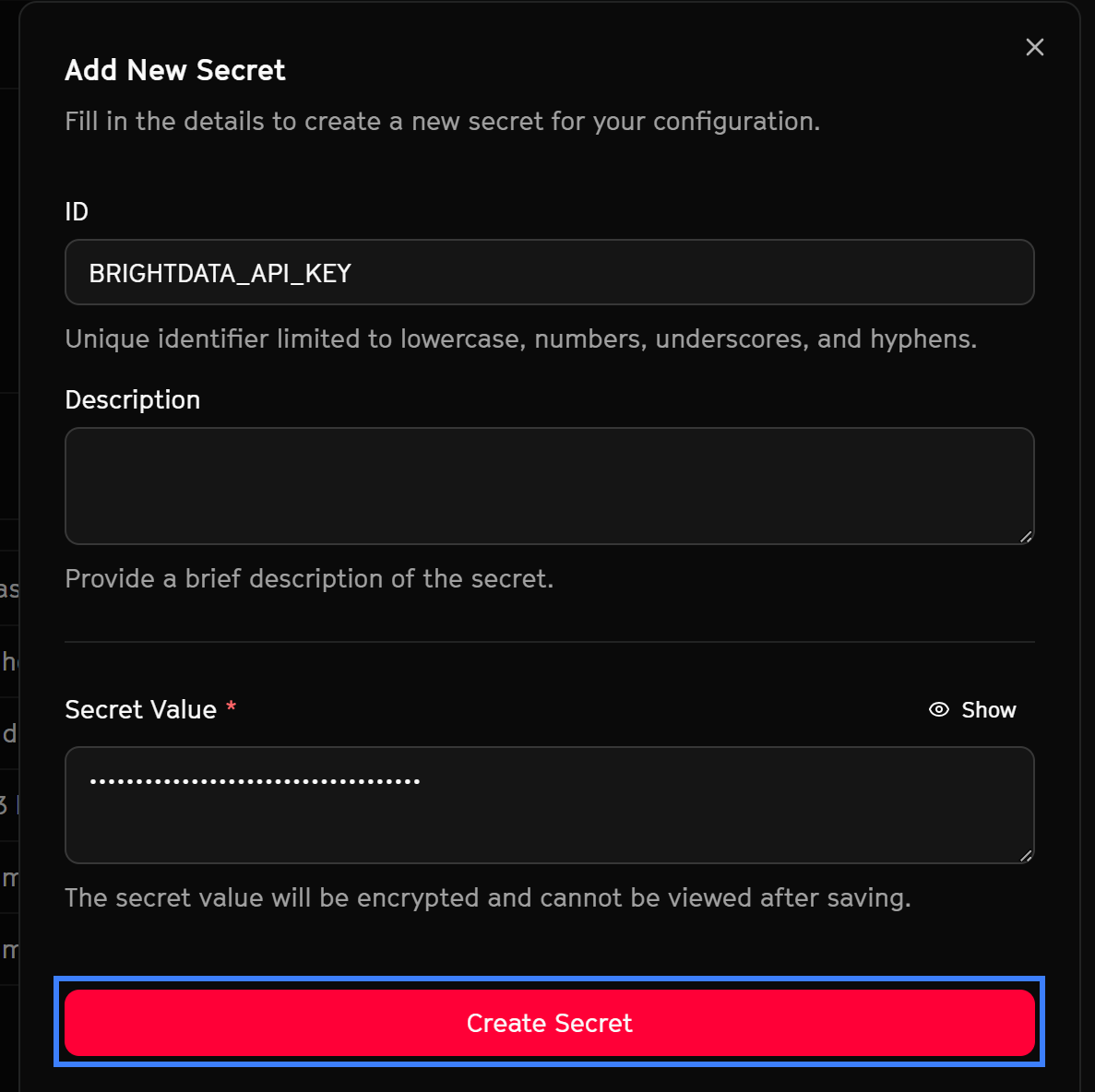 在 Arcade 中定义 BRIGHTDATA_API_KEY secret