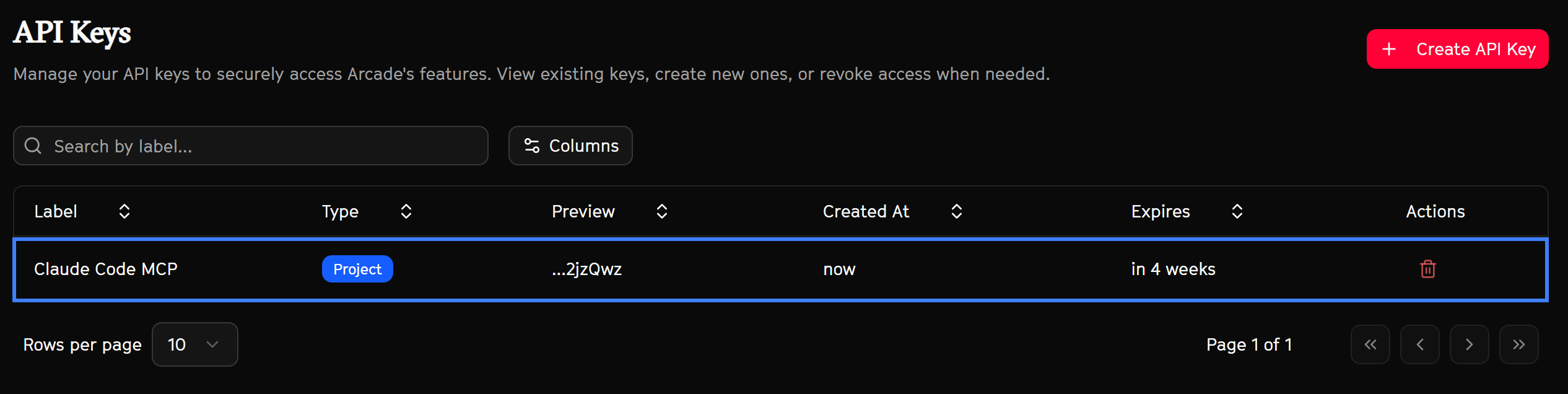 注意你的 Arcade API key