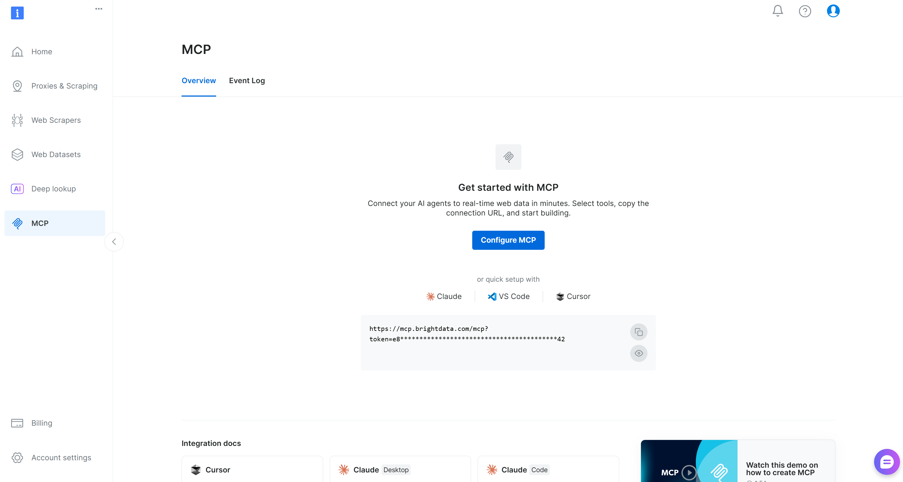 你的 Bright Data 账号中的 “MCP” 部分