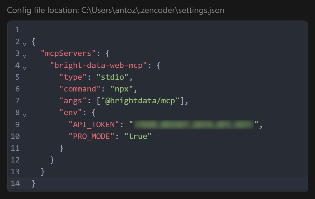 在 Zenflow UI 中编辑 “~/.zencoder/settings.json” 文件