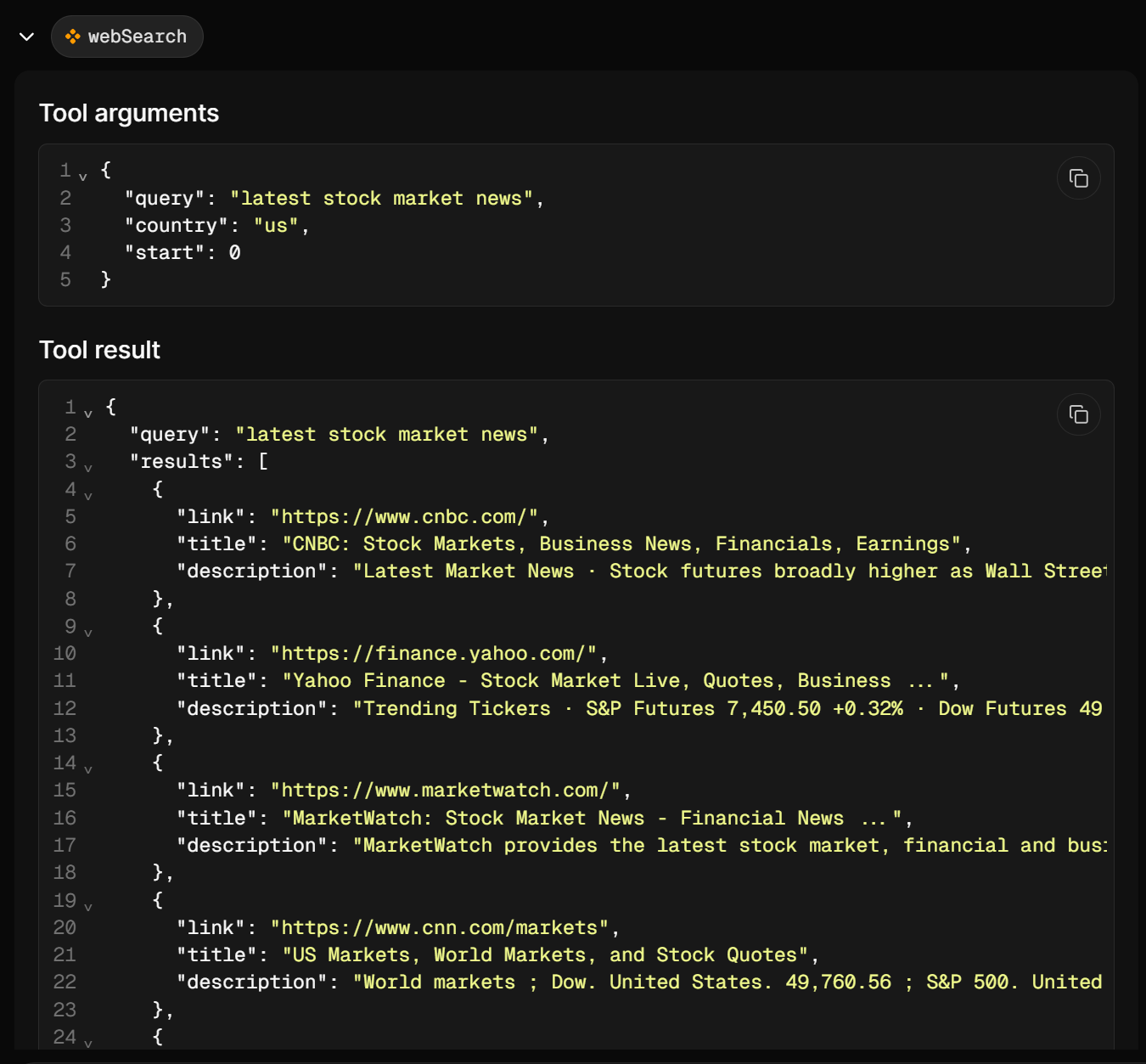 Bright Data “webSearch” 工具返回的 JSON 结构化结果