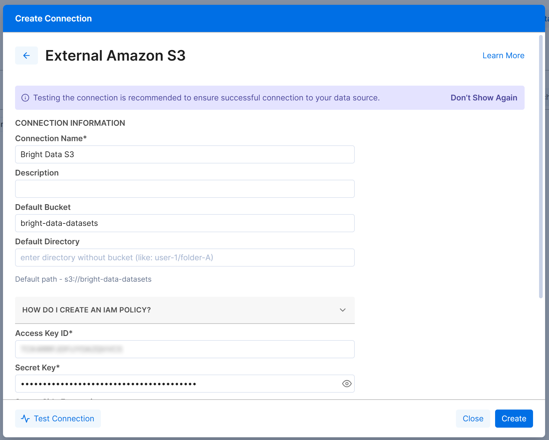 填写 “External Amazon S3” 表单