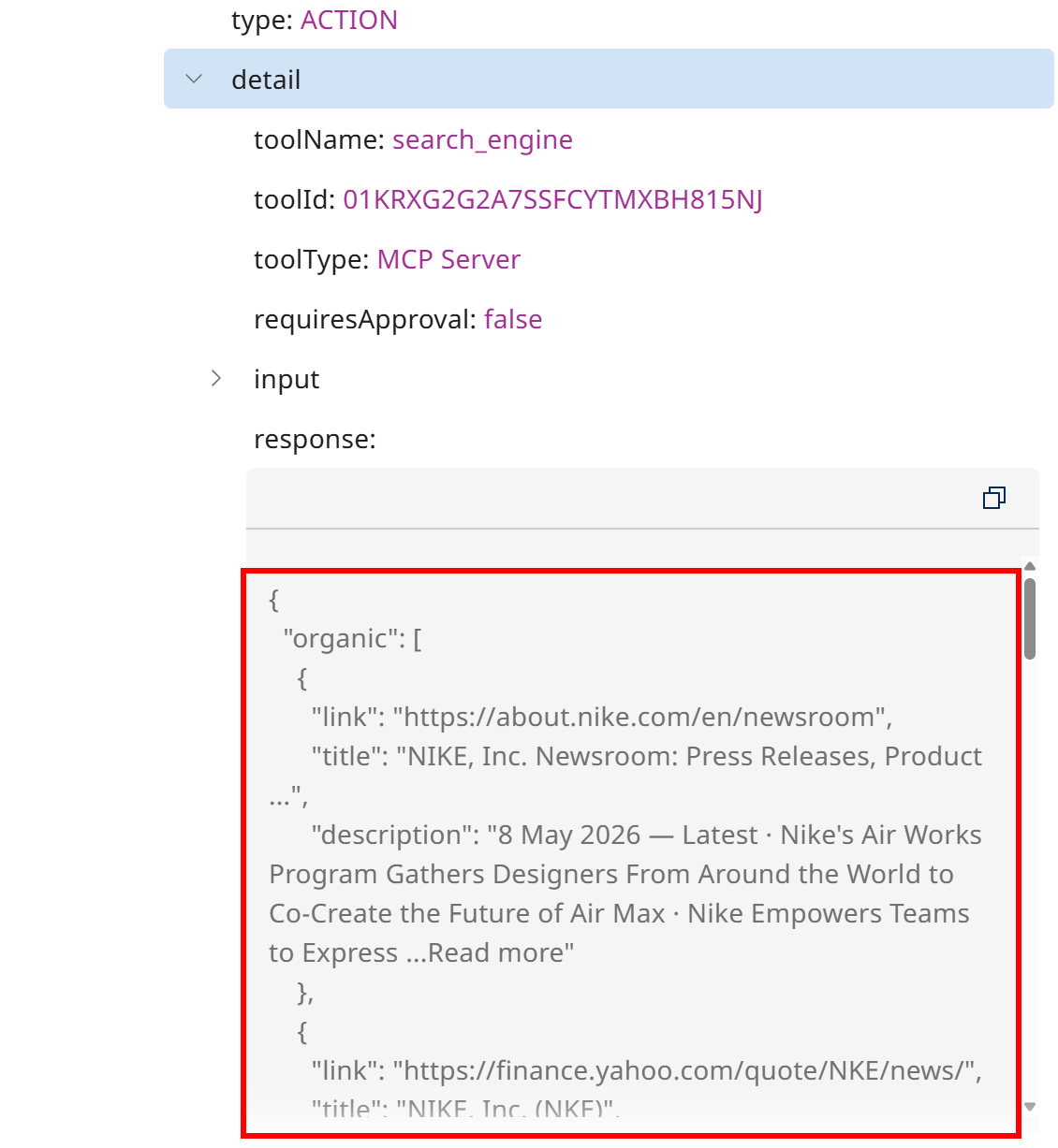 注意该工具以 JSON 格式返回的 SERP