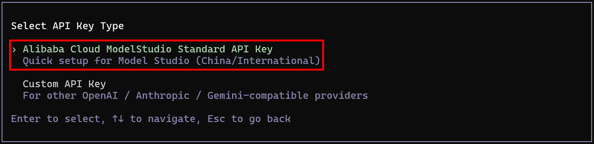通过 Alibaba Cloud ModelStudio Standard API key 进行认证