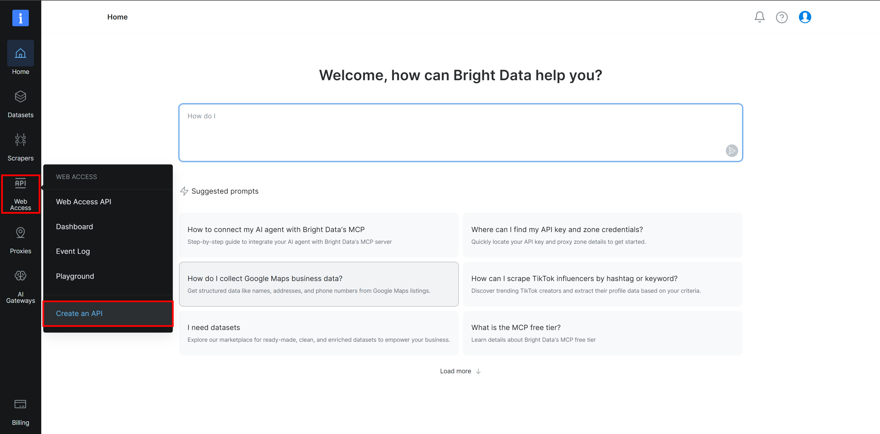 选择 “Web Access > Create an API” 选项