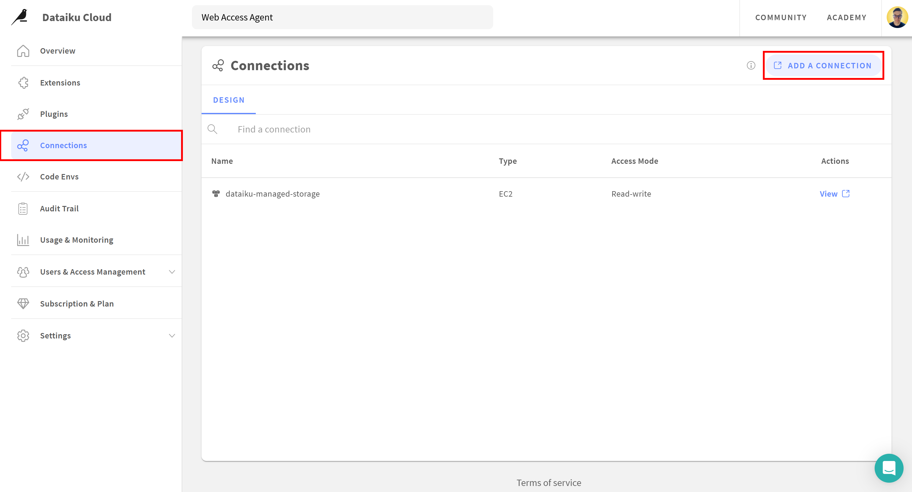 在 “Connections” 页面点击 “ADD A CONNECTION” 按钮