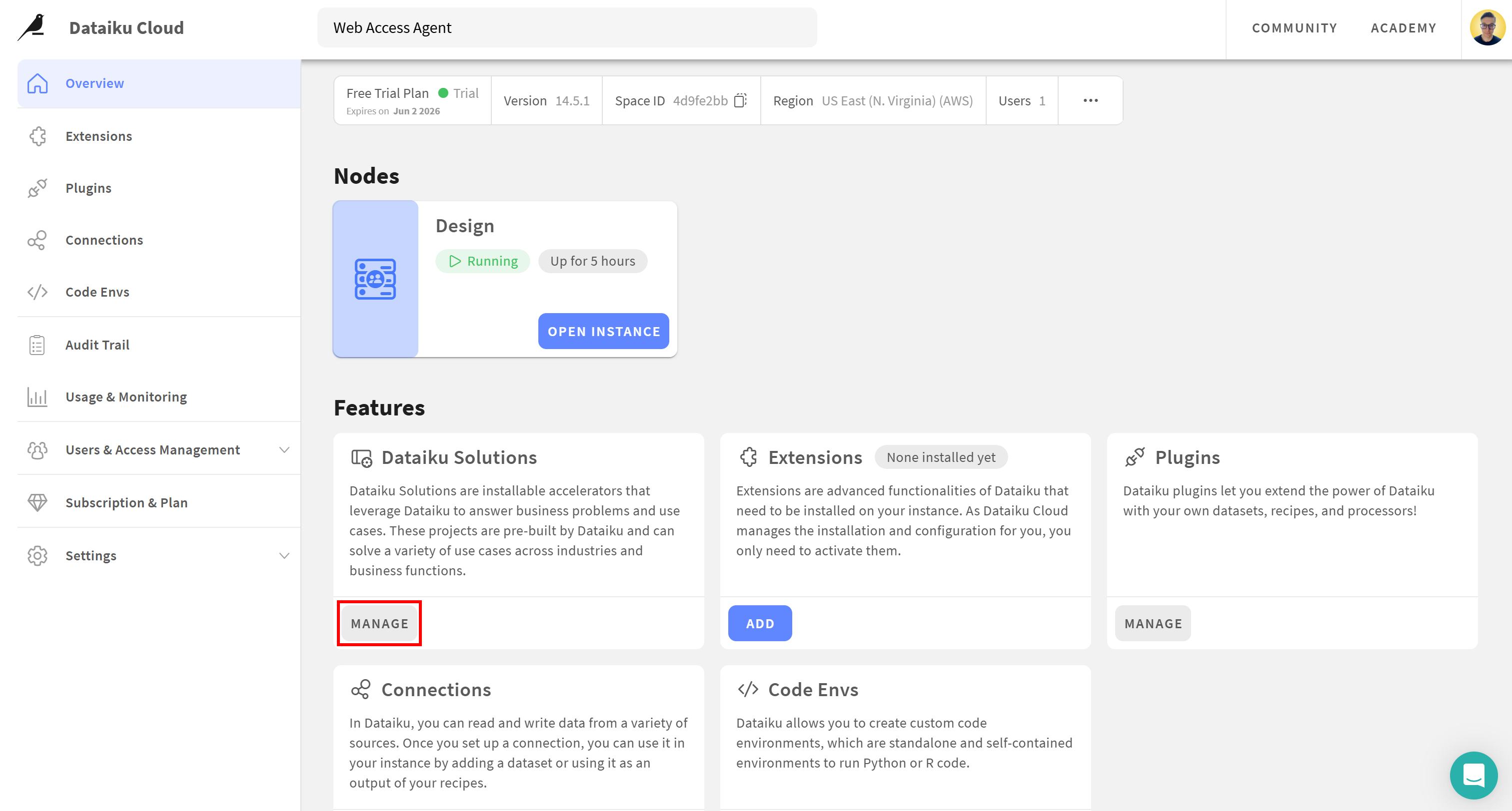 在 “Dataiku Solutions” 卡片上点击 “MANAGE” 按钮