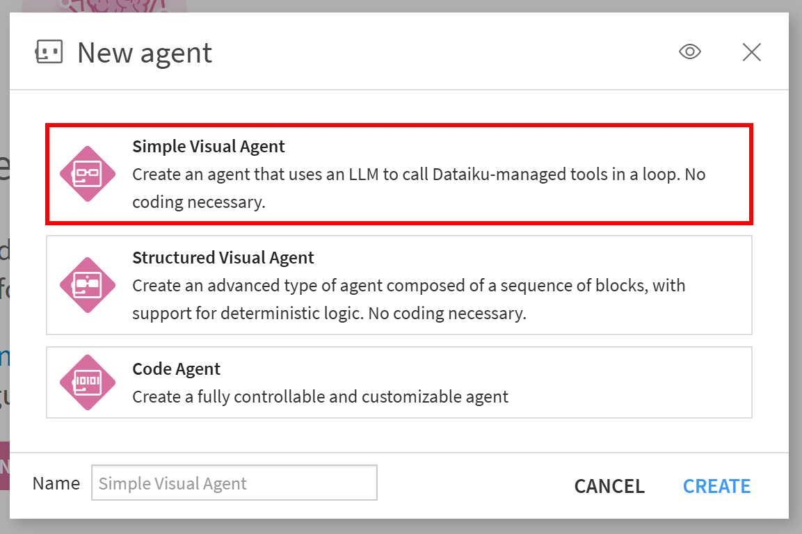 通过 “Simple Visual Agent” 选项创建新的 Dataiku 代理