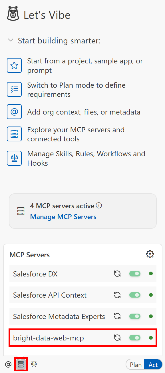 注意带有已连接状态的 “bright-data-web-mcp” 条目