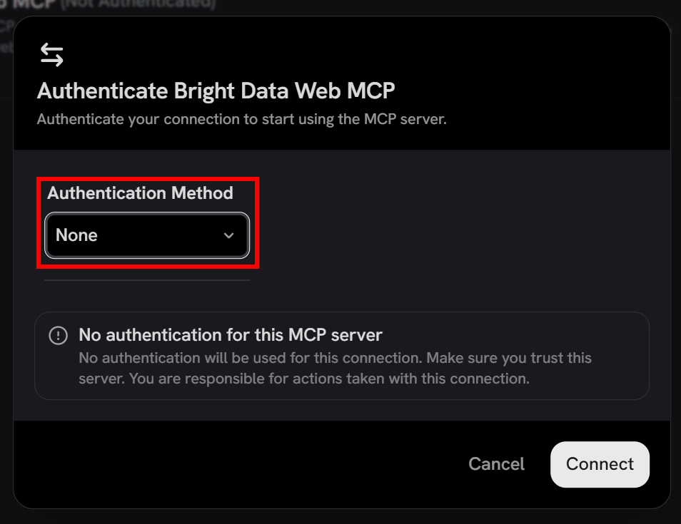 将 Authentication Method 设置为 “None”