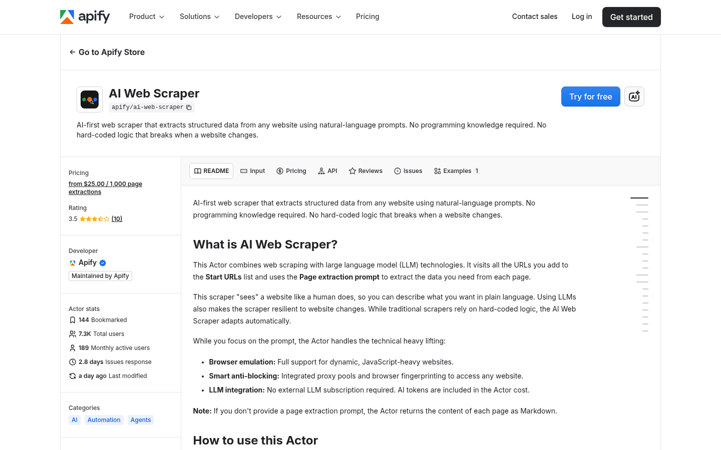 Apify AI Web 爬虫工具 actor 页面截图,展示 Apify 平台上的无代码、自然语言驱动的抓取工具。
