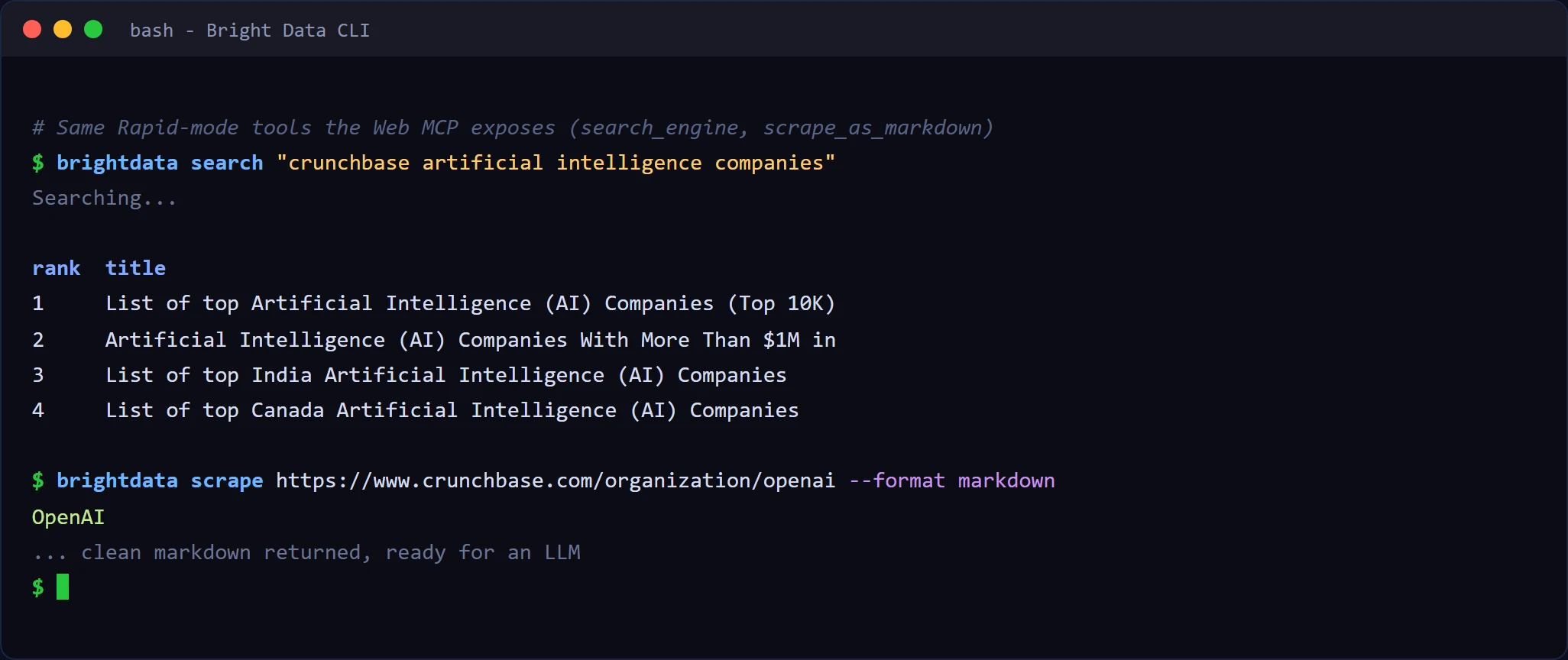 从 Bright Data CLI 使用 Web MCP 工具