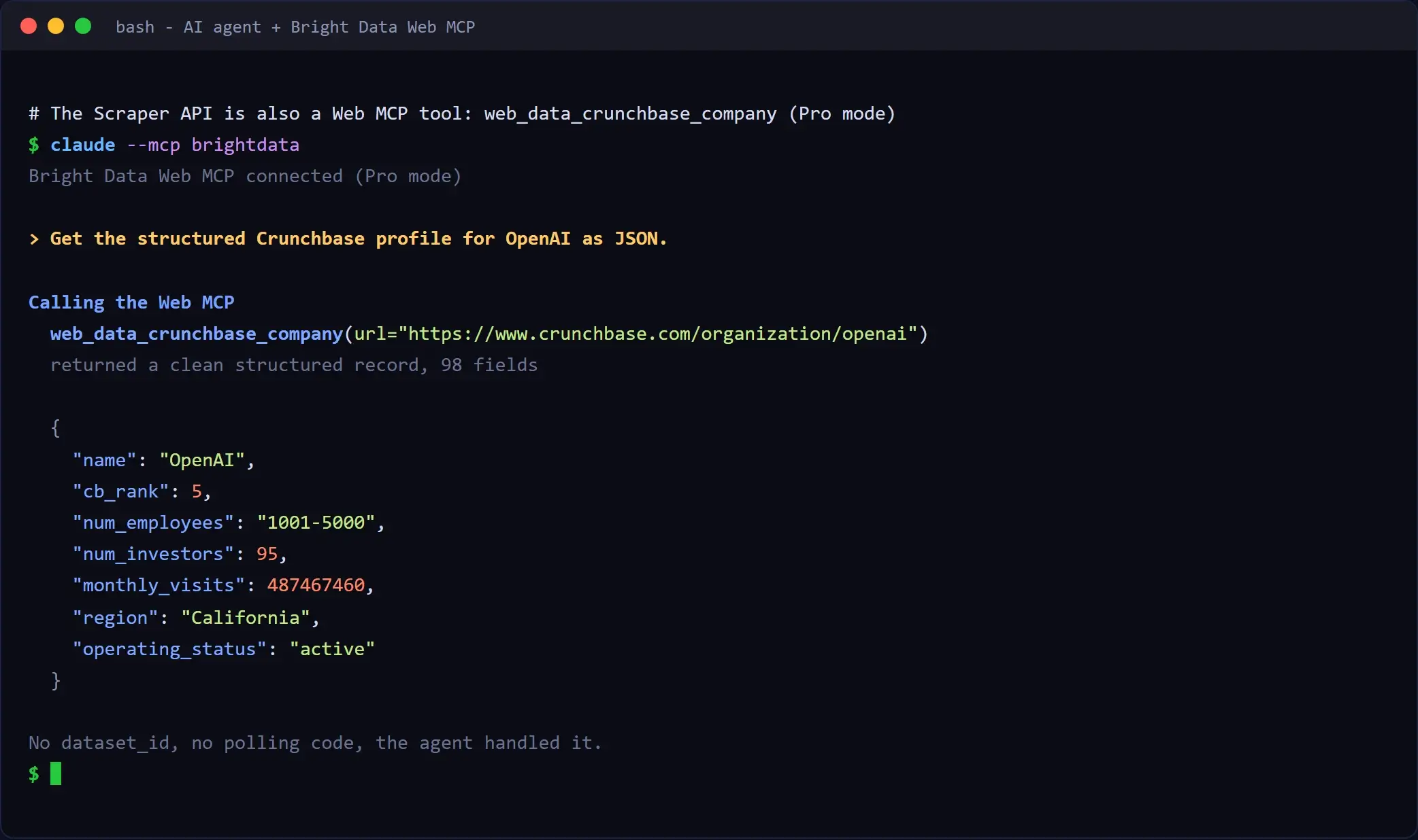 从终端通过一次 Web MCP 工具调用提取结构化 Crunchbase 记录