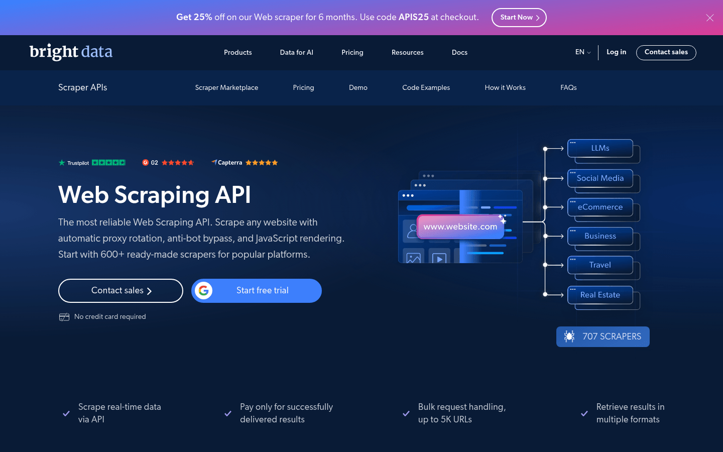 Bright Data 的 Web 爬虫工具 产品页面截图,展示该平台的 AI 驱动网页数据采集工具和基础设施。