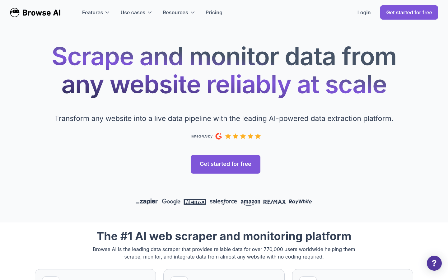 Browse AI 无代码网页抓取平台主页截图,展示其可视化界面和自动化功能。
