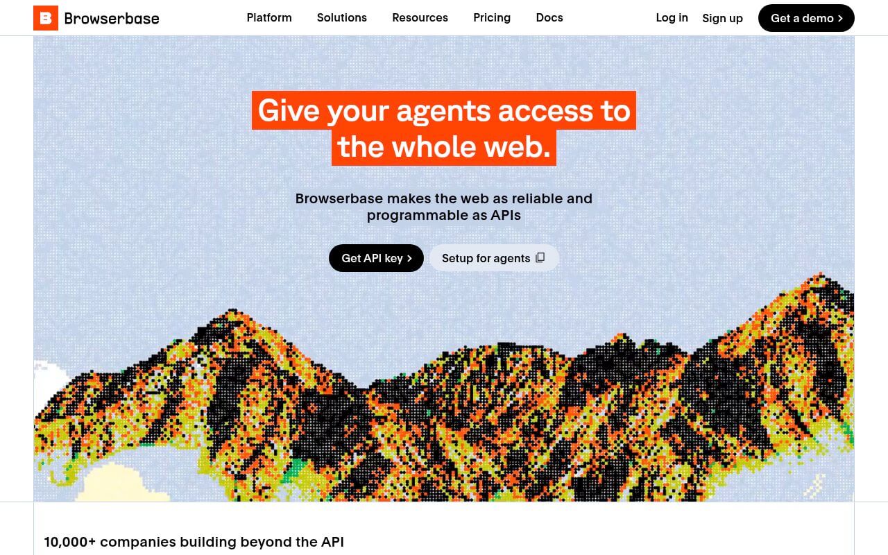 Browserbase 云无头浏览器平台主页截图,展示其 AI 智能体基础设施和隐身浏览器功能。