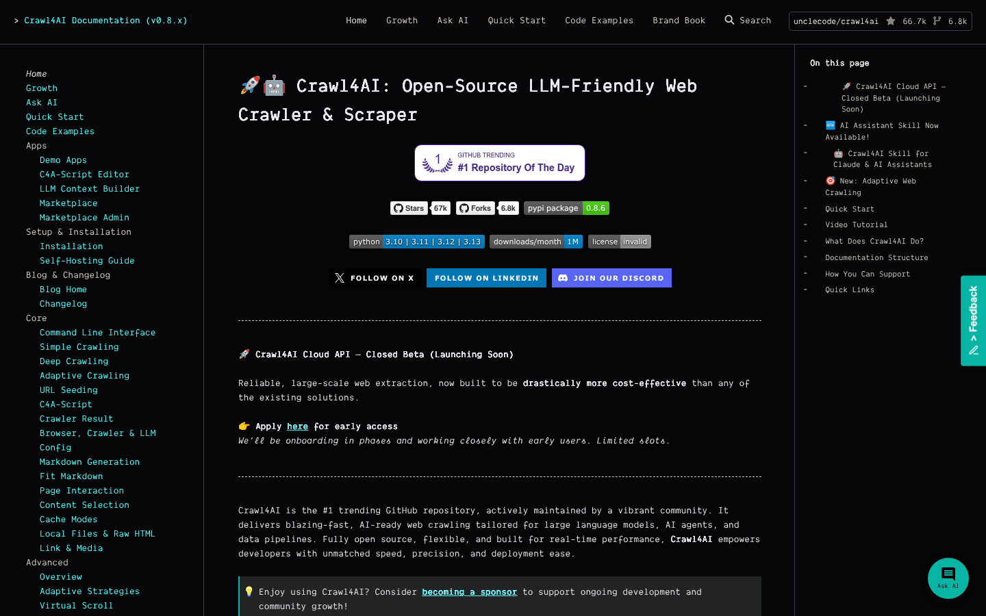 Crawl4AI 开源网页抓取库主页截图,展示其文档和关键功能。