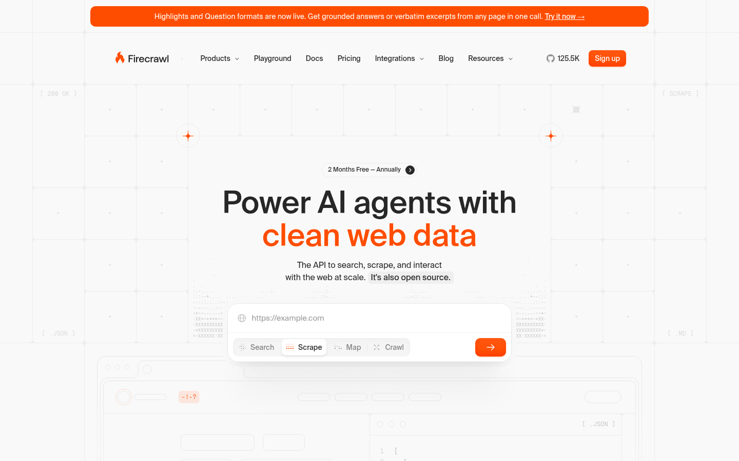 Firecrawl 主页截图,展示面向开发者的 AI 网页抓取 API 平台及其定价和功能概览。