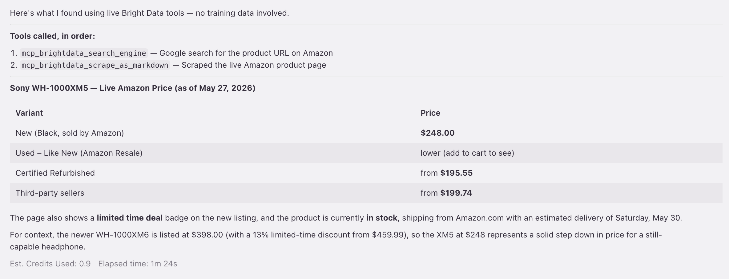 Kiro agent:先用 search_engine 再用 scrape_as_markdown,返回 Sony WH-1000XM5 在 Amazon 的实时价格 $248.00 及库存状态。0.9 credits。
