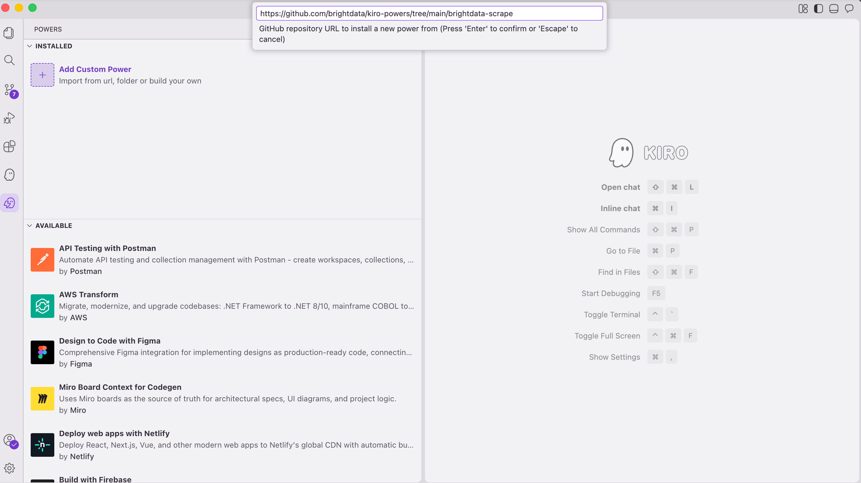 Kiro Add Custom Power 弹窗:在输入框中粘贴 brightdata-scrape GitHub URL,且可见“Press Enter to confirm”提示。